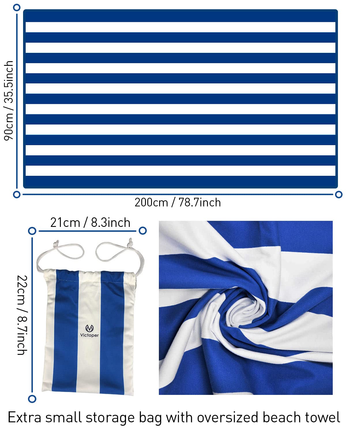 Victoper Microfiber Beach Towel Oversized Rapid Drying Sand Free Soft Compact Lightweight Qualities Beach Towels for Adults Ideal for Swimming Beach Yoga Camping Gym Carry Bag Blue Stripes 79x35 Inch - Image 2