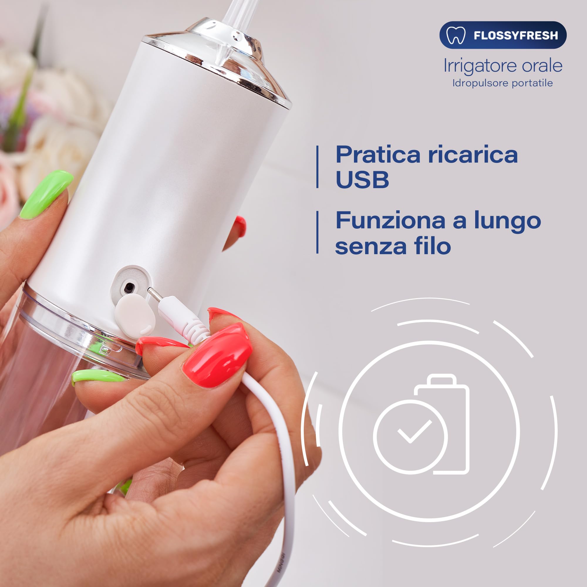 Idropulsore Dentale, Irrigatore Orale, Senza Filo, Rimuove la Placca, Pulizia Dentale a 360°, 3 Modalità di Funzionamento, 4 Ugelli Intercambiabili, Ricarica USB, da Viaggio