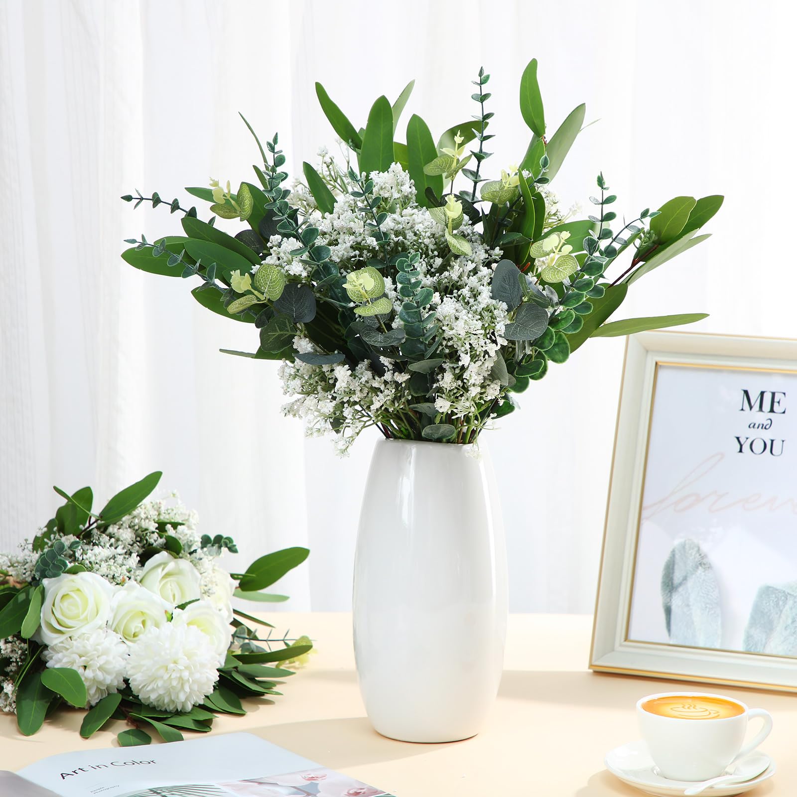 Yunlly Künstliche Blumen mit gemischten künstlichen Eukalyptusstielen, Blätter-Set, 60 Stück, Schleierkraut, 40 Stück Eukalyptusblätter für Hochzeitssträuße, Gründekoration, 100 Stück