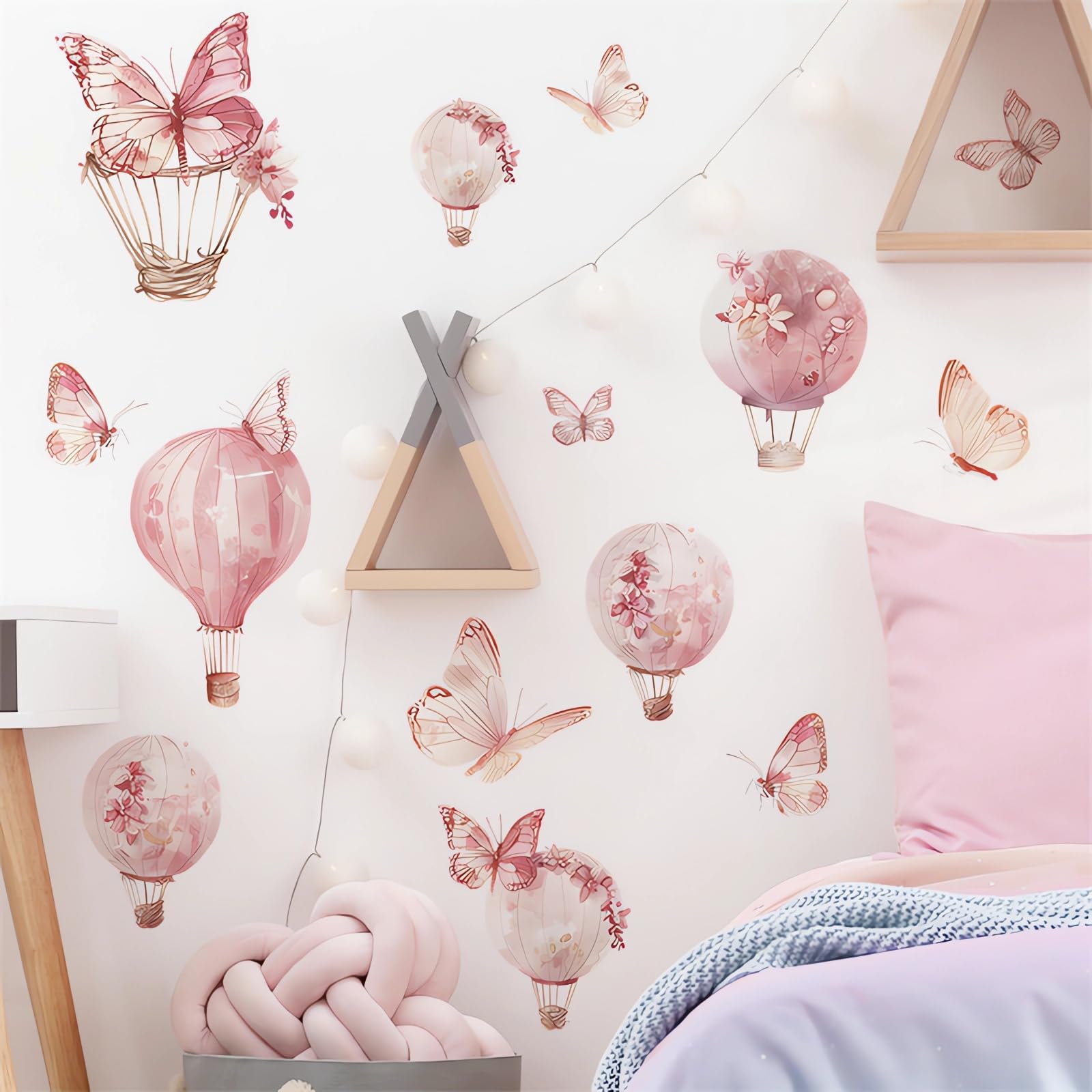 Calcomanías de pared grandes con diseño de mariposa rosa, globos de aire caliente, calcomanías de pared de vinilo extraíbles para niños, bebés, niñas, guardería, dormitorio, habitación de