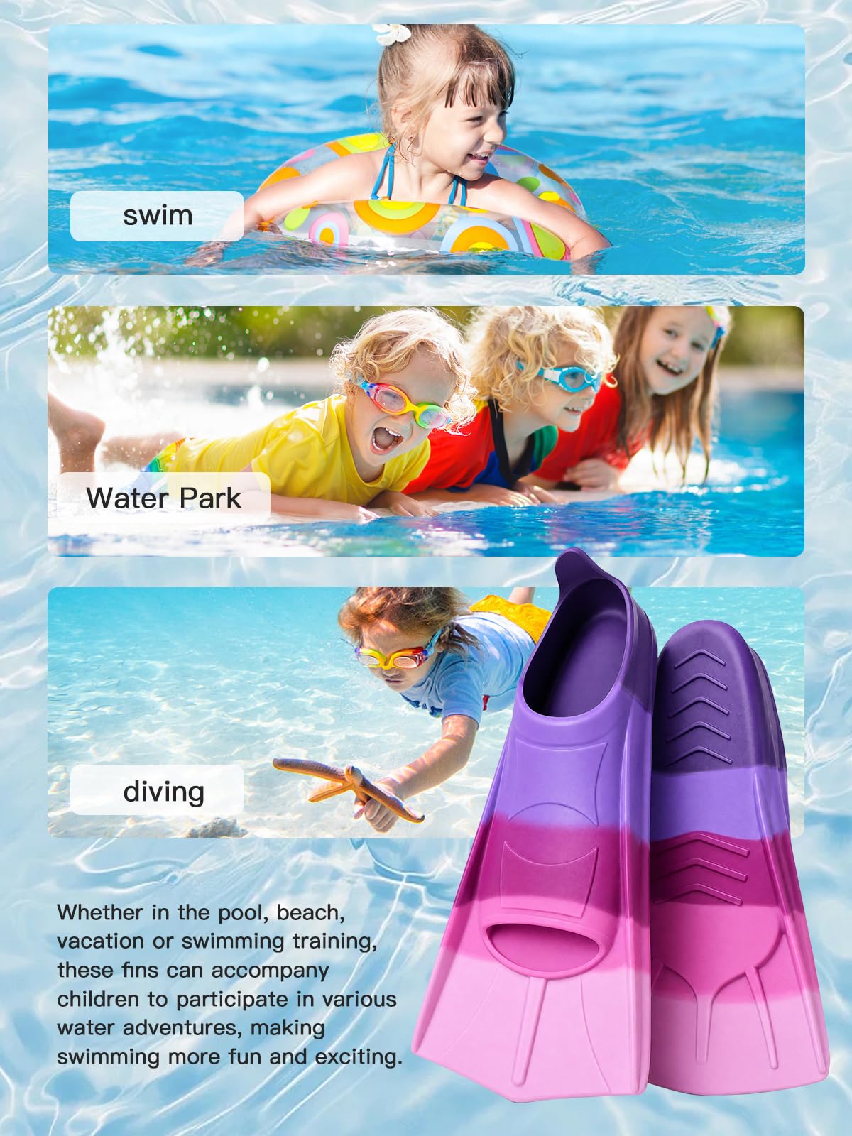 Płetwy do pływania dla dzieci, 100% silikon, krótkie płetwy do snorkelingu, dla dorosłych, dzieci, do pływania na świeżym powietrzu, snorkelingu, nurkowania dla początkujących