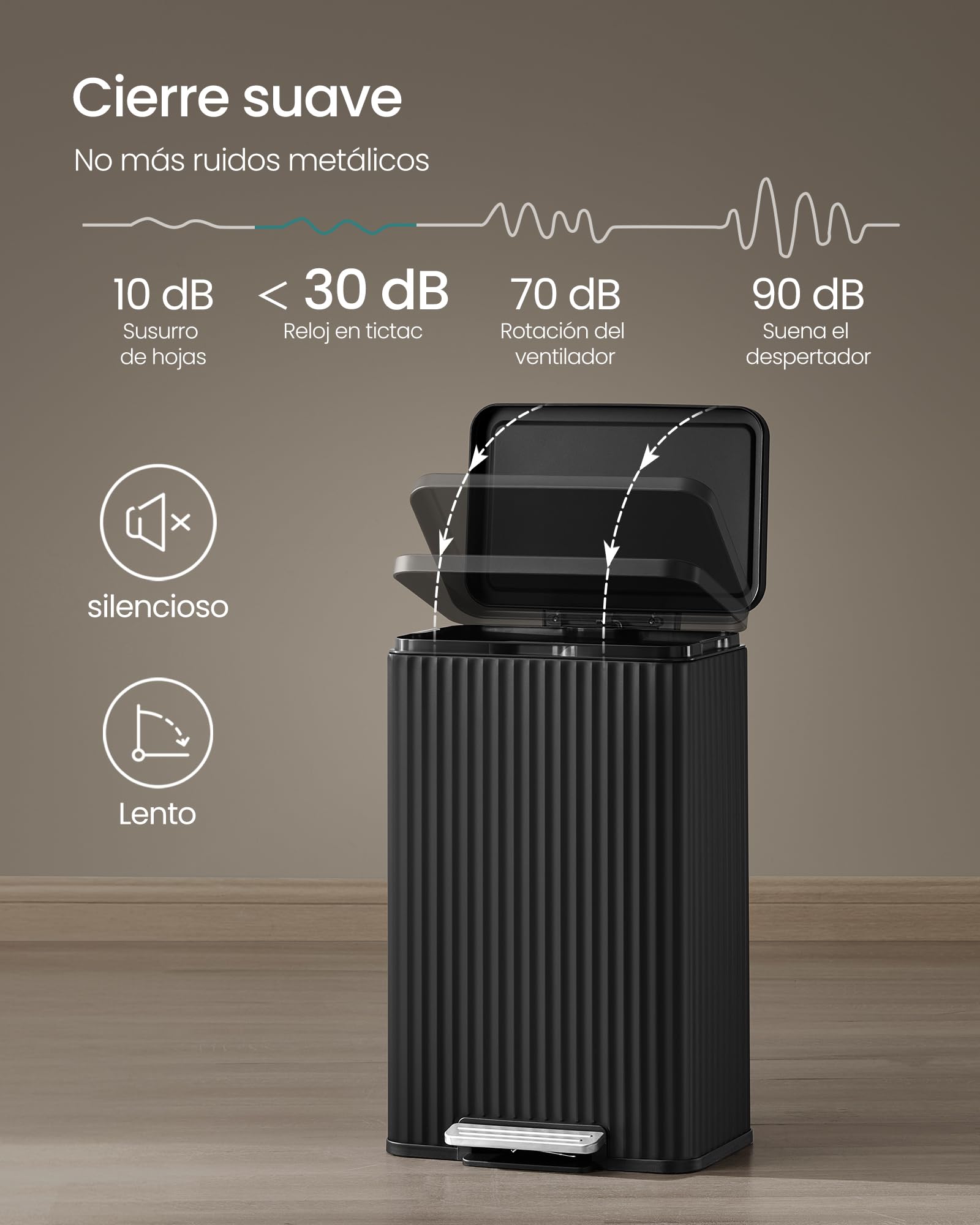 SONGMICS Cubo de basura de 13 galones con pedal, tapa de cierre suave y cubo interior extraíble, acero, 15 bolsas de basura (código K) incluidas, tinta negra LTB586BZ02