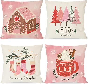 Pink Christmas Pillow Covers 18x18 Inch Gingerbread House Hot Cocoa