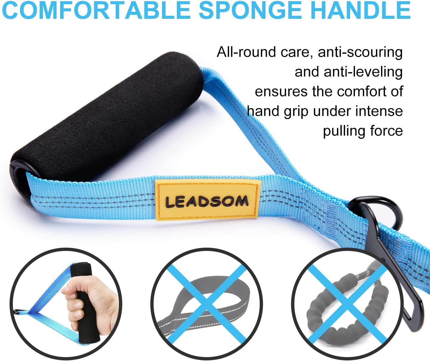 6FT Highly Reflective Heavy Duty Elastic Bungee Medium and Large Dog Leash Shock Absorbing with Comfortable Padded Handle and Traffic Handle Suitable for Training Light Blue