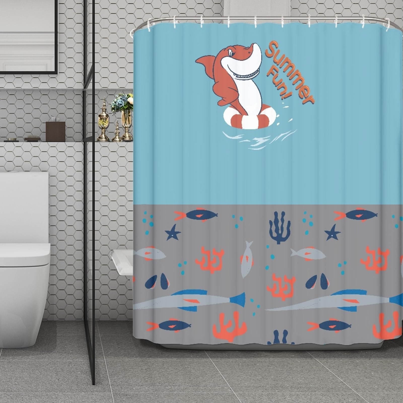 Rideau de douche imperméable lavable en machine motif poisson 180x220 cm