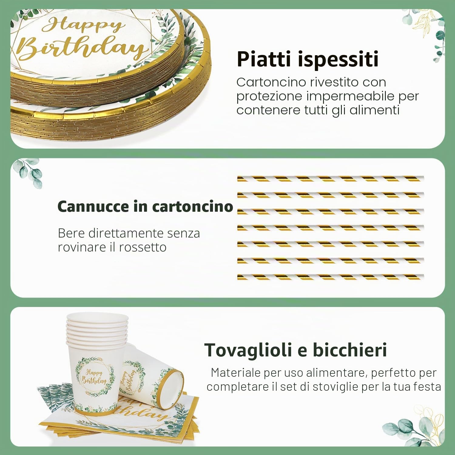 Piatti Compleanno Verde Salvia per 25 Ospiti, 125pcs Piatti di Carta Buon Compleanno Kit toviglie per Feste Bicchieri Tovaglioli Cannucce Verdi Dorato per Decorazioni Ragazzi Ragazze