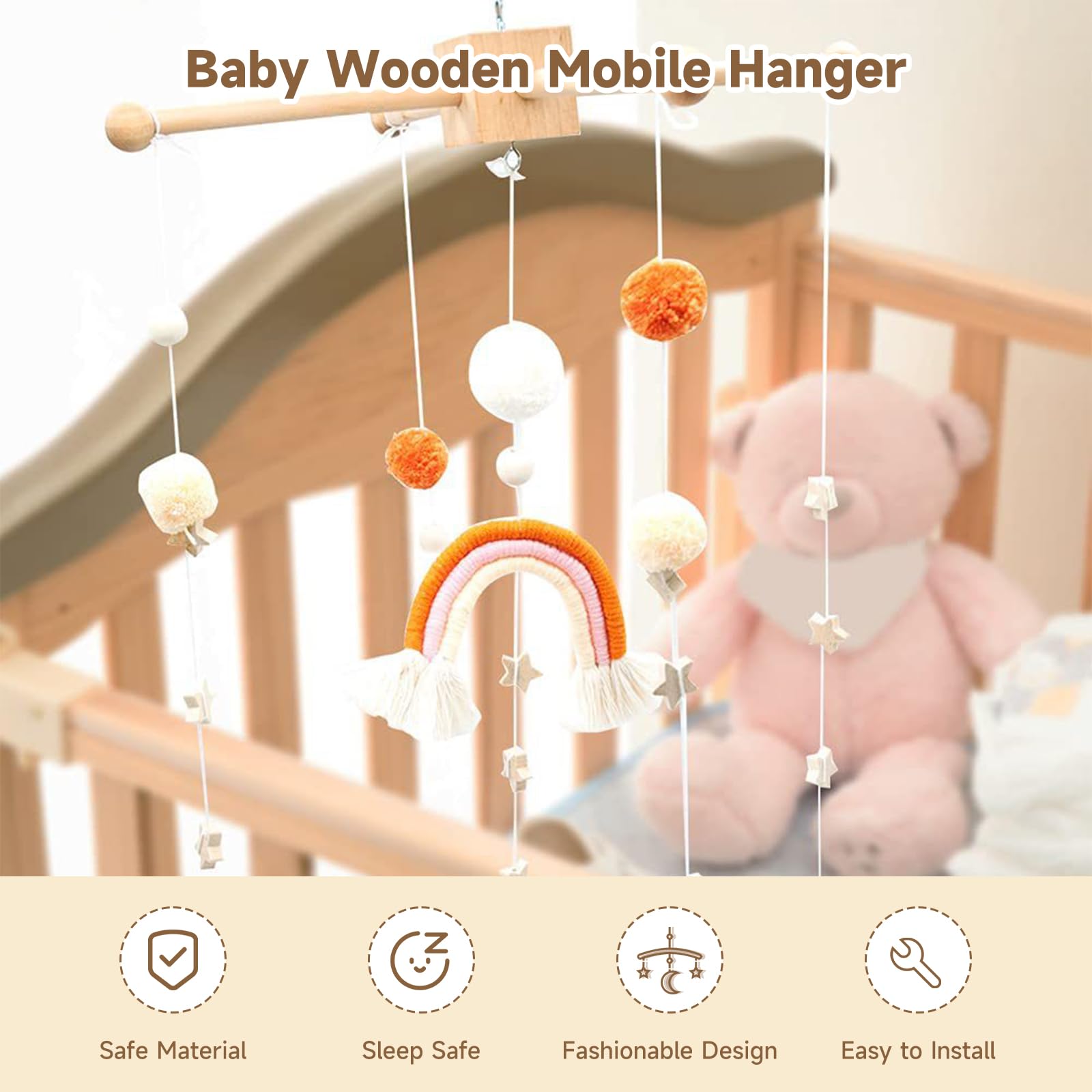 FLEXMAN Wooden Mobile Frame Kit, Round Ball Shaped Six Legged Wind Chime Wooden Frame Crib Hanger for Kid for Boxes Bells Toys Plush Dolls Strings, Easy to Assemble