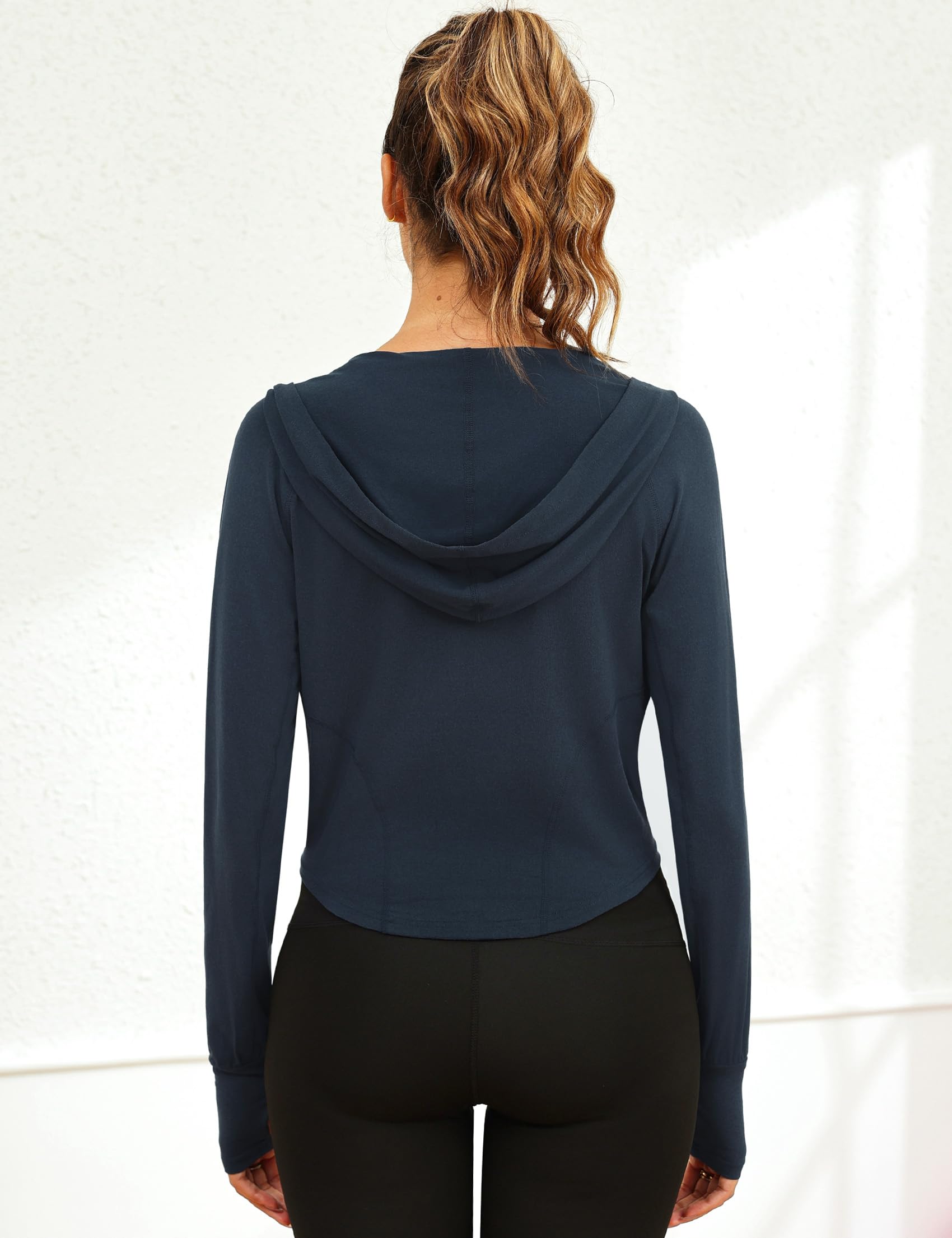 Terecey Damska kurtka sportowa z kapturem Kurtka do biegania, Joga Trening z długim rękawem, sportowa koszula fitness, slim fit