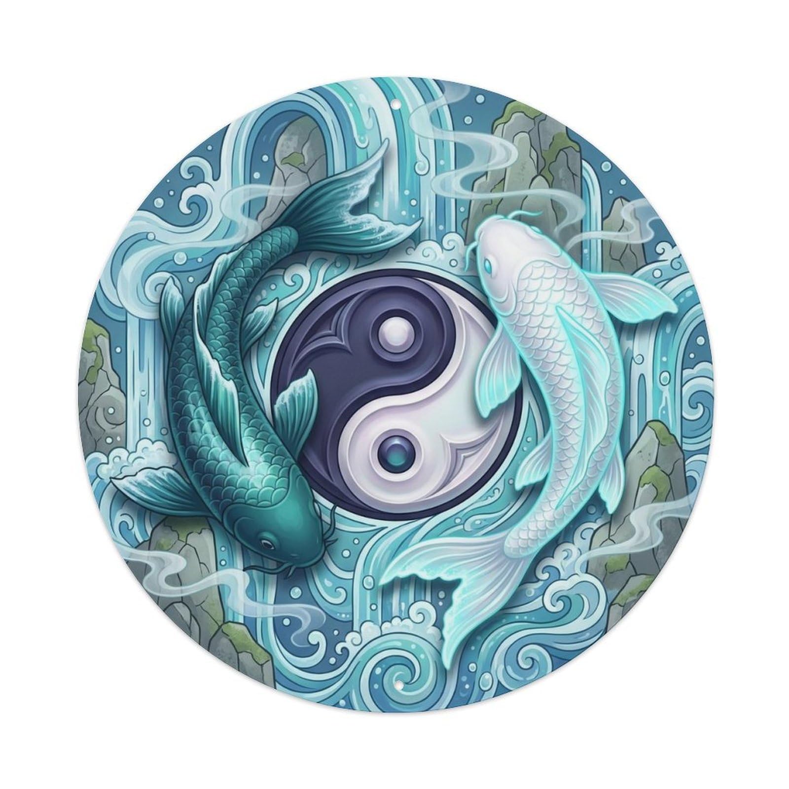 Olyhtr 8X8inch Classic Style Tai Chi Koi Nature Waterfall Celestial Balance Metal Tin Sign