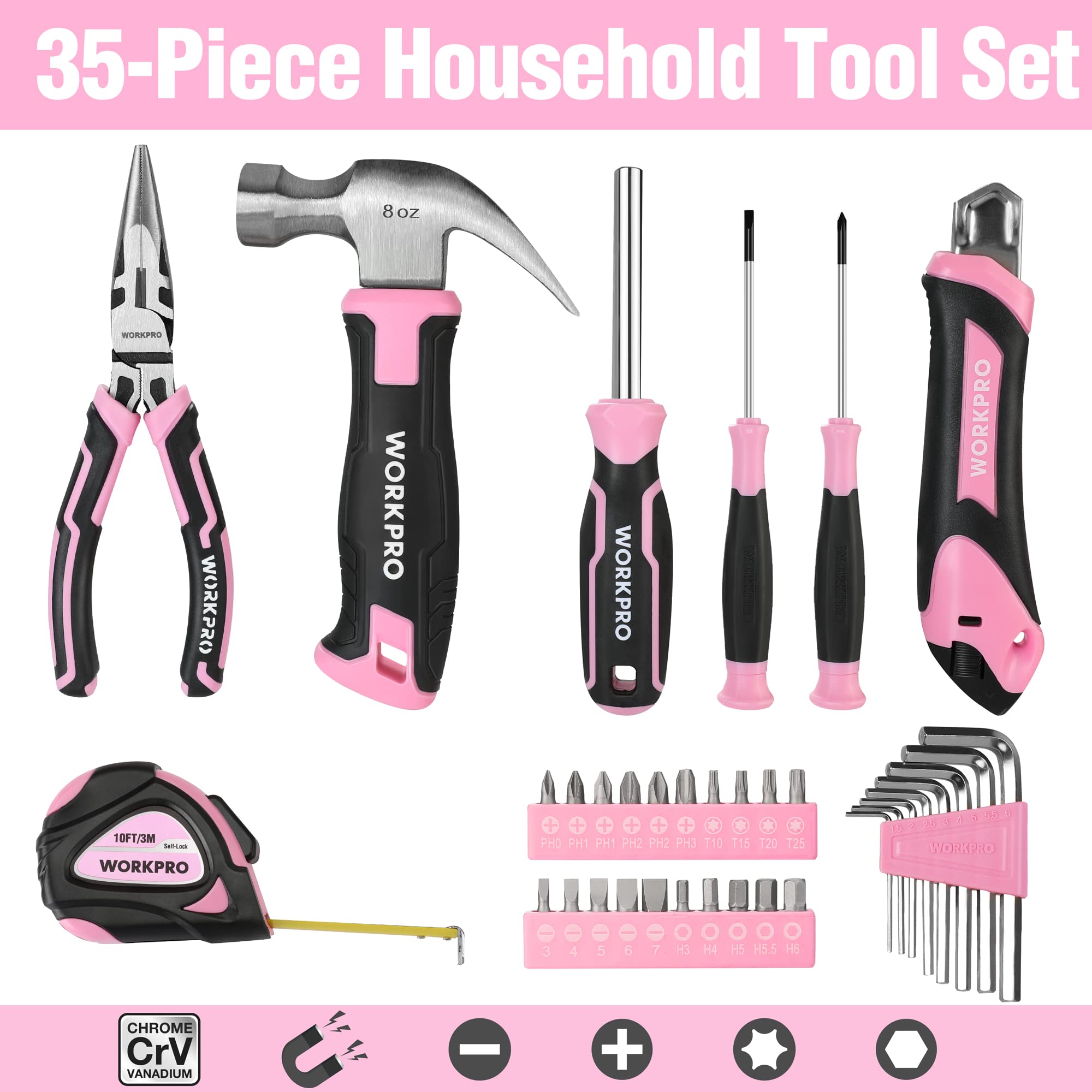 Image secondaire de WORKPRO Caisse à Outils Rose 35 Pièces pour Travaux Domestiques