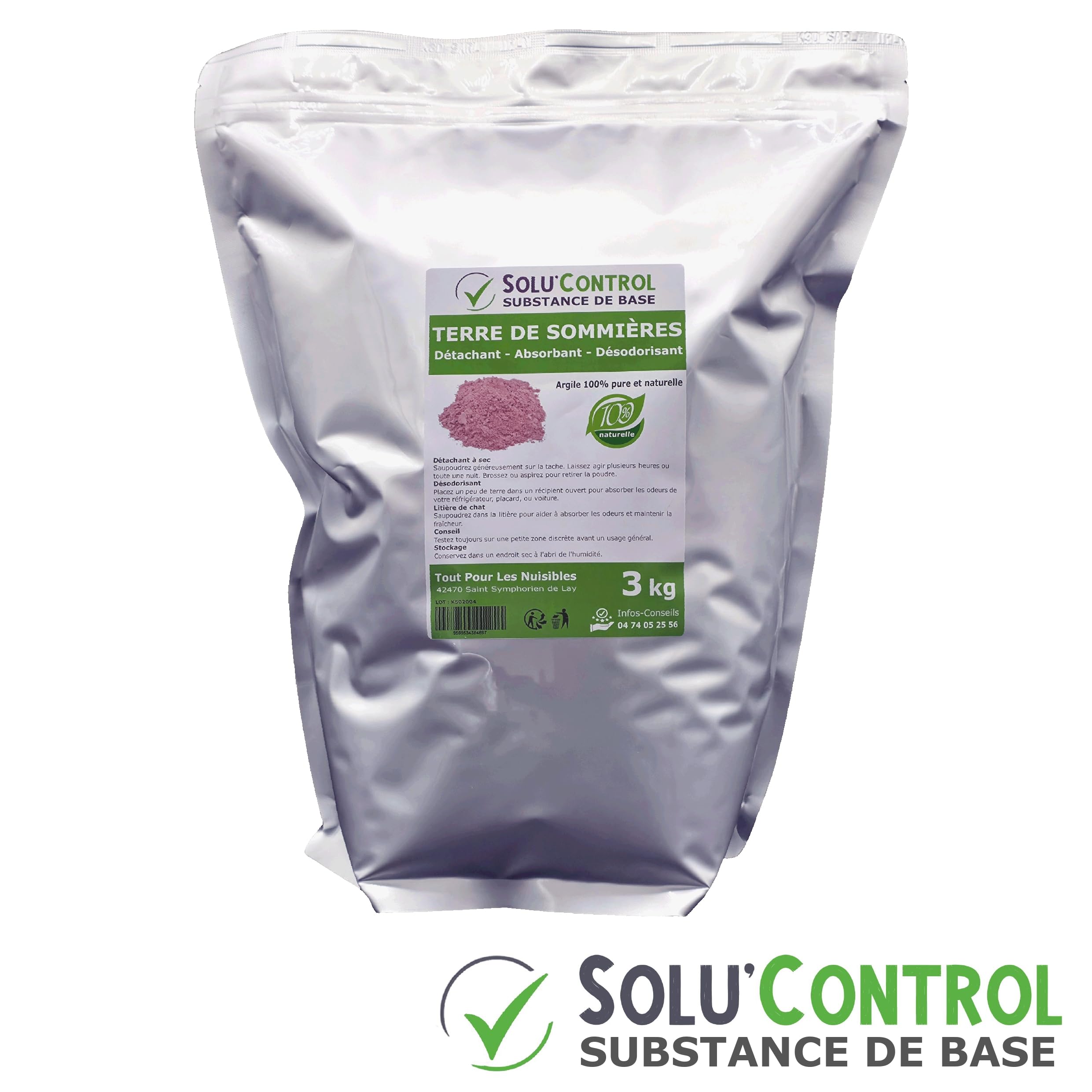 Terre de Sommières 3 kg - Détachant Naturel et Absorbant - Élimine les Odeurs d'Urine, Litière de Chat, Tapis, Cendriers