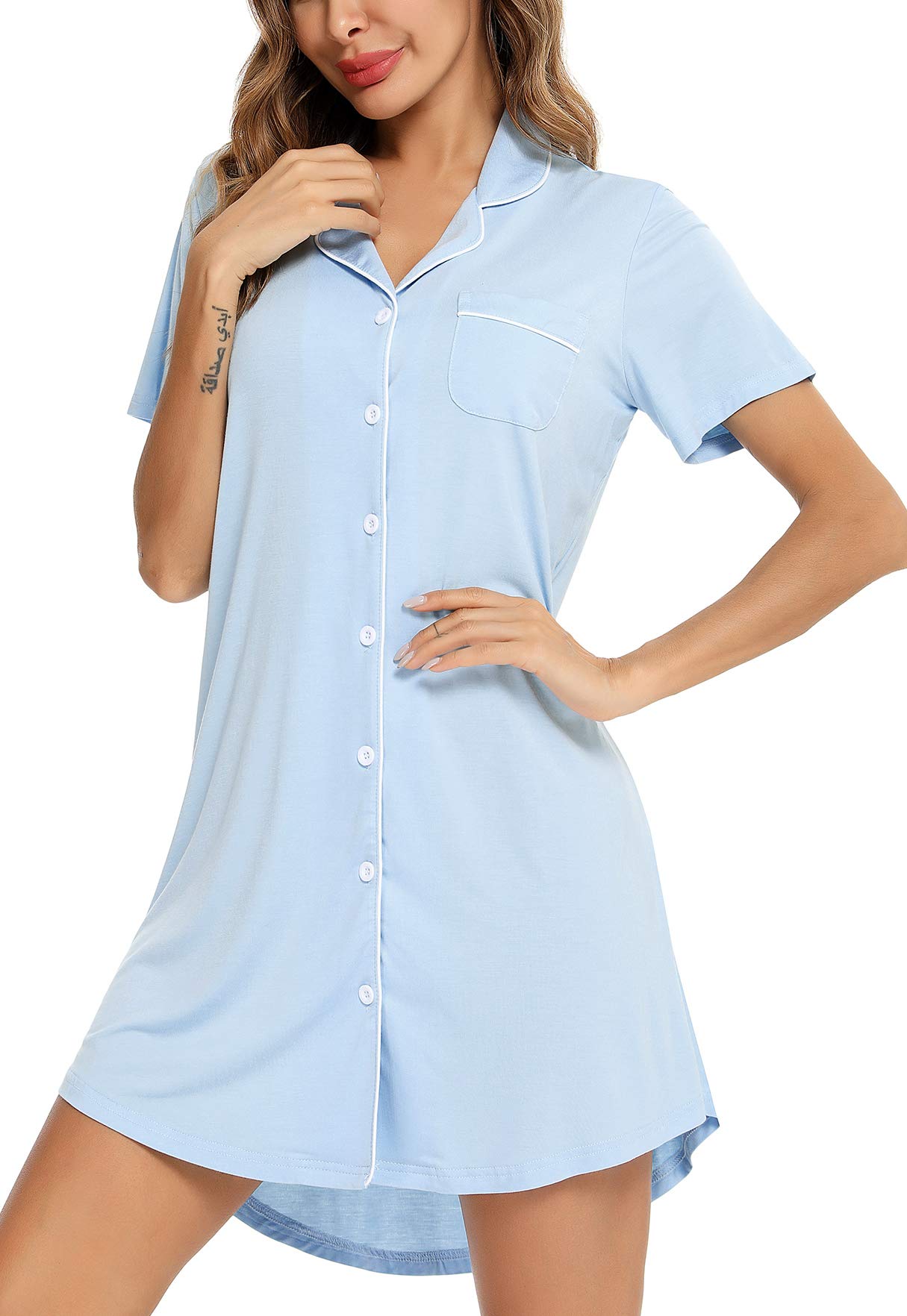 SamringPajama Nightgown for Women Short/Long Sleeve Button Down Nightwear Top Boyfriend Sleep Shirts Nightdress S-XXL