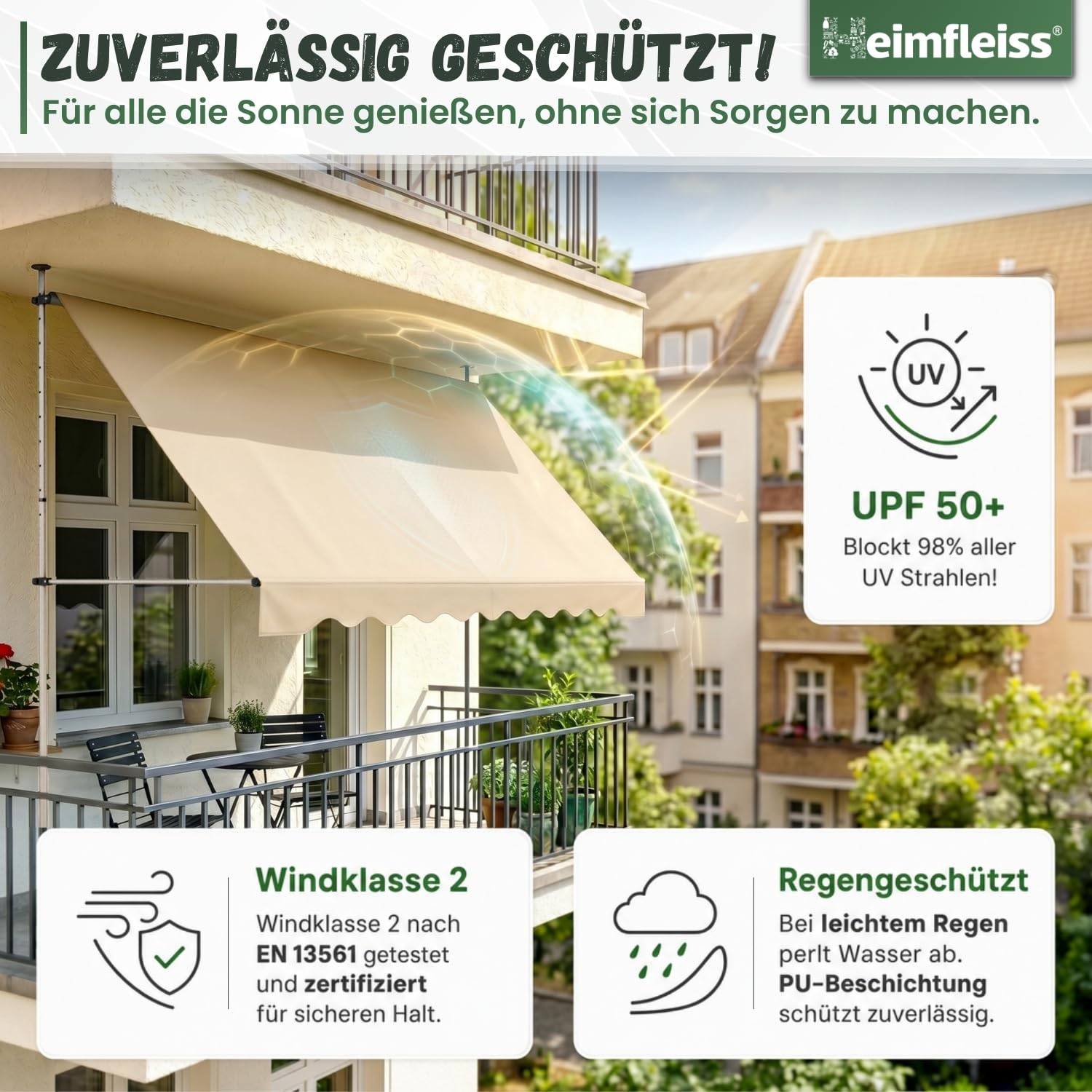Heimfleiss® Klemmmarkise 350 cm breit mit Handkurbel | Markise Balkon ohne Bohren | Balkon Sonnenschutz, UV-beständig (UV 50+), höhenverstellbar & wasserabweisend | 3,5m Balkonmarkise zum Klemmen