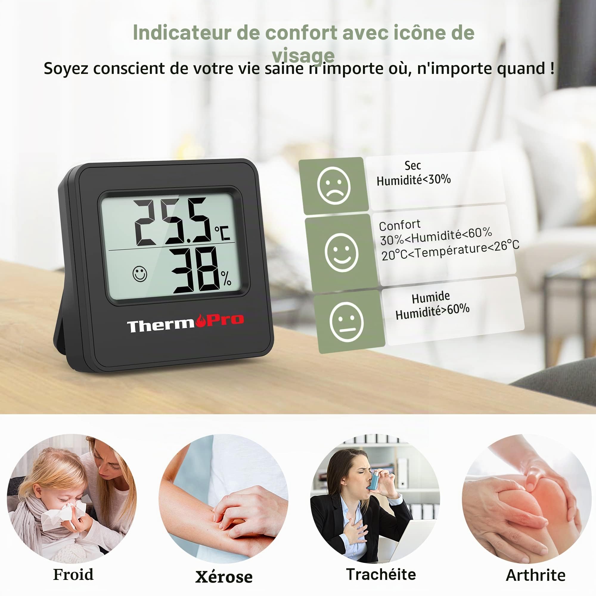 ThermoPro TP157-3 Hygromètre Digital Thermometre Interieur, Thermomètre Chambre Bébé avec Capteur d'humidité de Température et Icône de Visage Indicateur de Confort pour Serre, Cave à Vin, Bureau