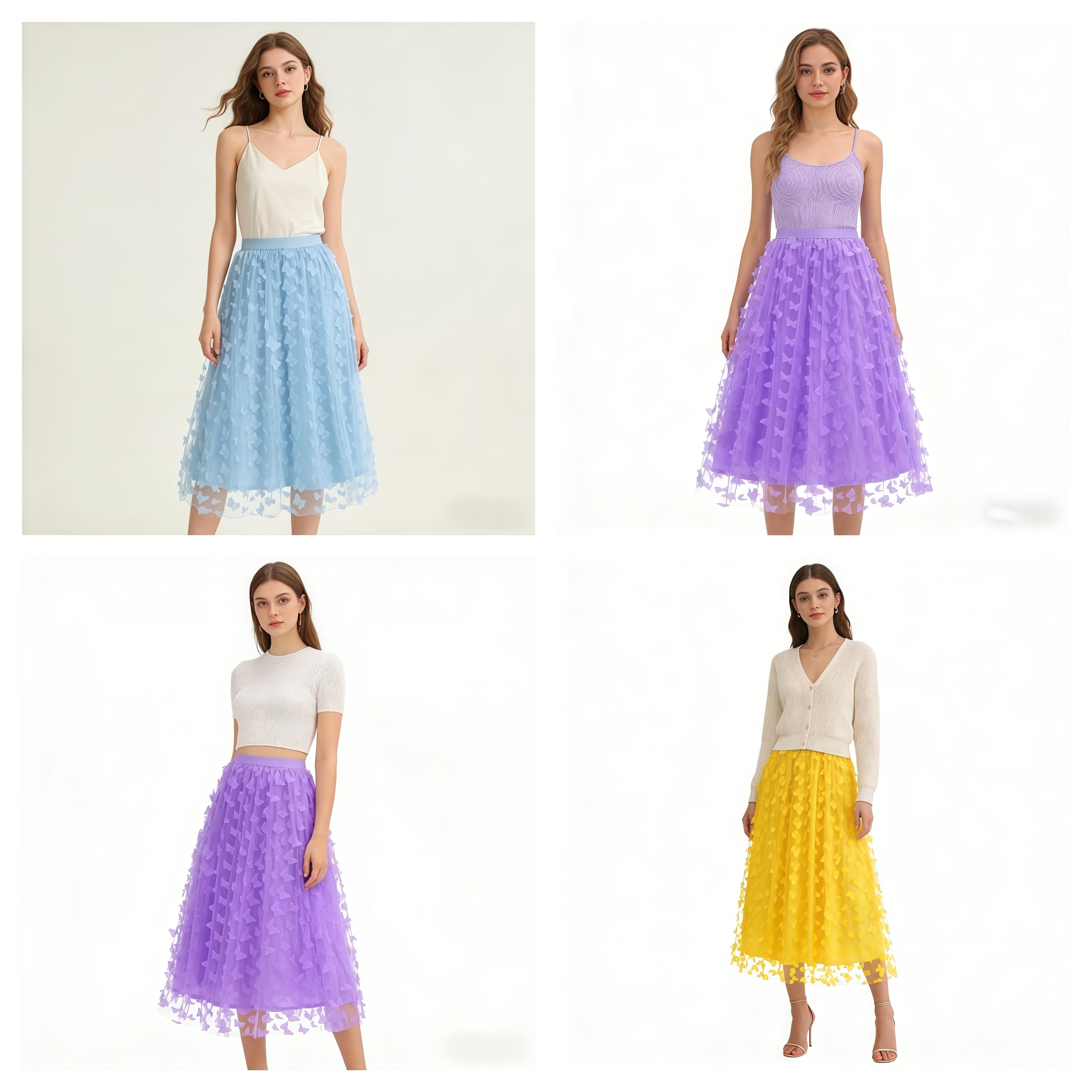 Falda Larga Tul con Adornos Mariposas para Mujer Cintura Alta Corte a Elegante Plisada para Baile Graduación Diario Boda Fiesta Cumpleaños.