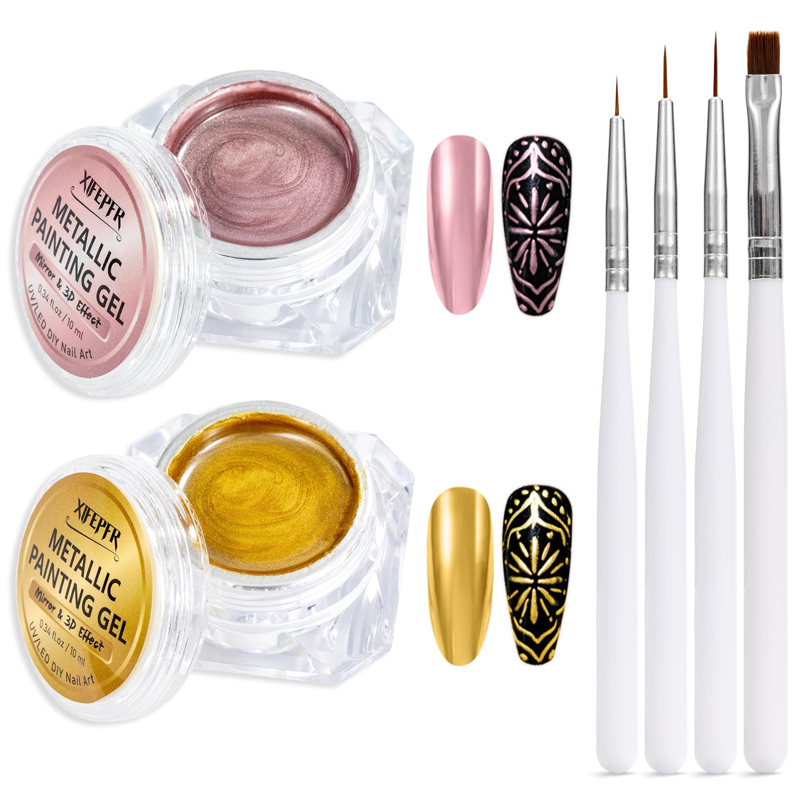 2x10ml Metallic Painting Gel, Gold & Rose Gold Painted Nail Polish, Polish for 3D Reflective Mirror Metal Effect, Soak off UV/LED Nail Gel with Nail Art Brushes
