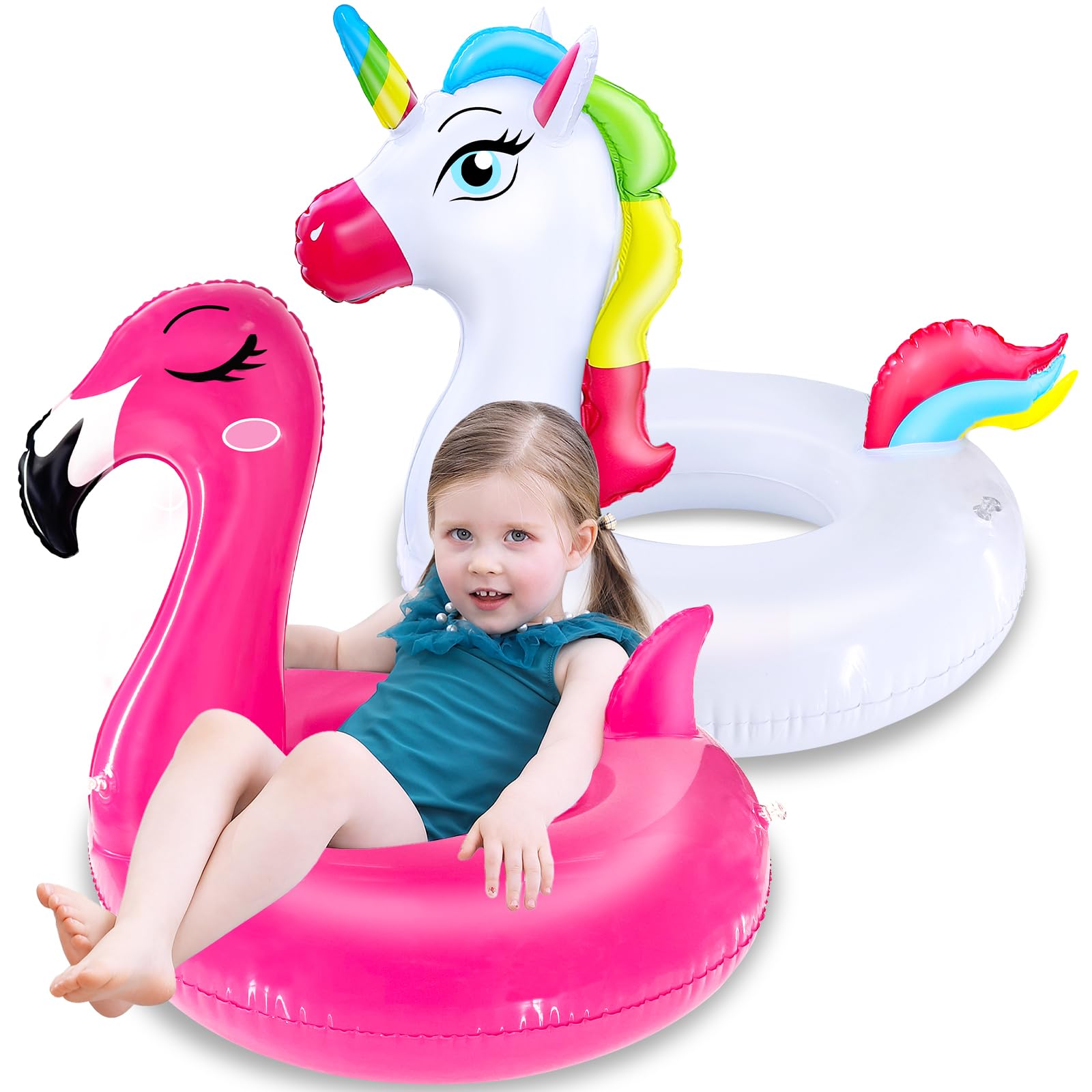 Photo 1 of 2 Pack Inflatable Flamingo Unicorn Pool Floats for Kids 3-8 Years Fun Floaties Inflatables Rafts Swimming Pool Tubes Party Decorations, Summer Vacation Beach Floaty Swim Rings Lounger for Girls Boys