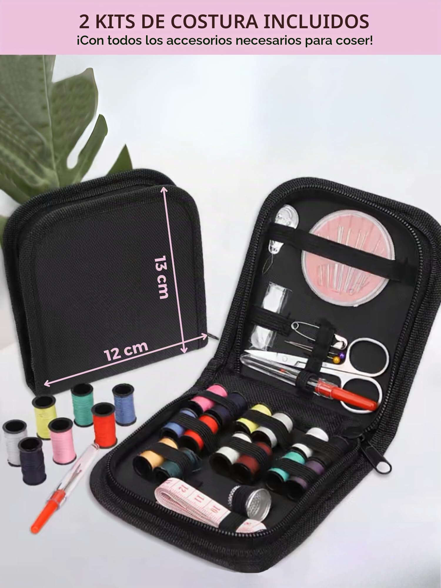 Máquina de Coser Portátil con 2 Velocidades y 12 Puntadas, Pedal, 2 Carretes, Aguja de Recambio, Cortador de Hilo y Luz de Trabajo, Funciona con Cable o (Pilas AA no incluidas) + Kit de Costura.