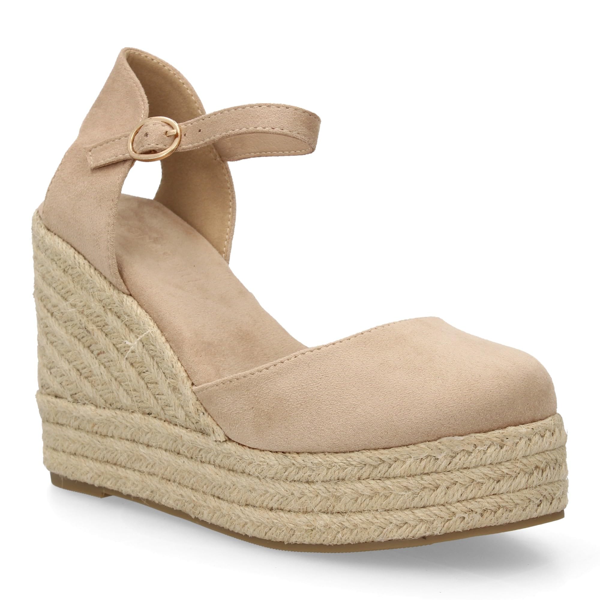 shoes&blues.es Alpargata de Mujer con Cuna y Plataforma, Punta y Talon Cerrados, Cierre de Hebilla en el Tobillo, Monocolor, Cuna de Yute Trenzado Ligera y Comoda para la Temporada Verano.