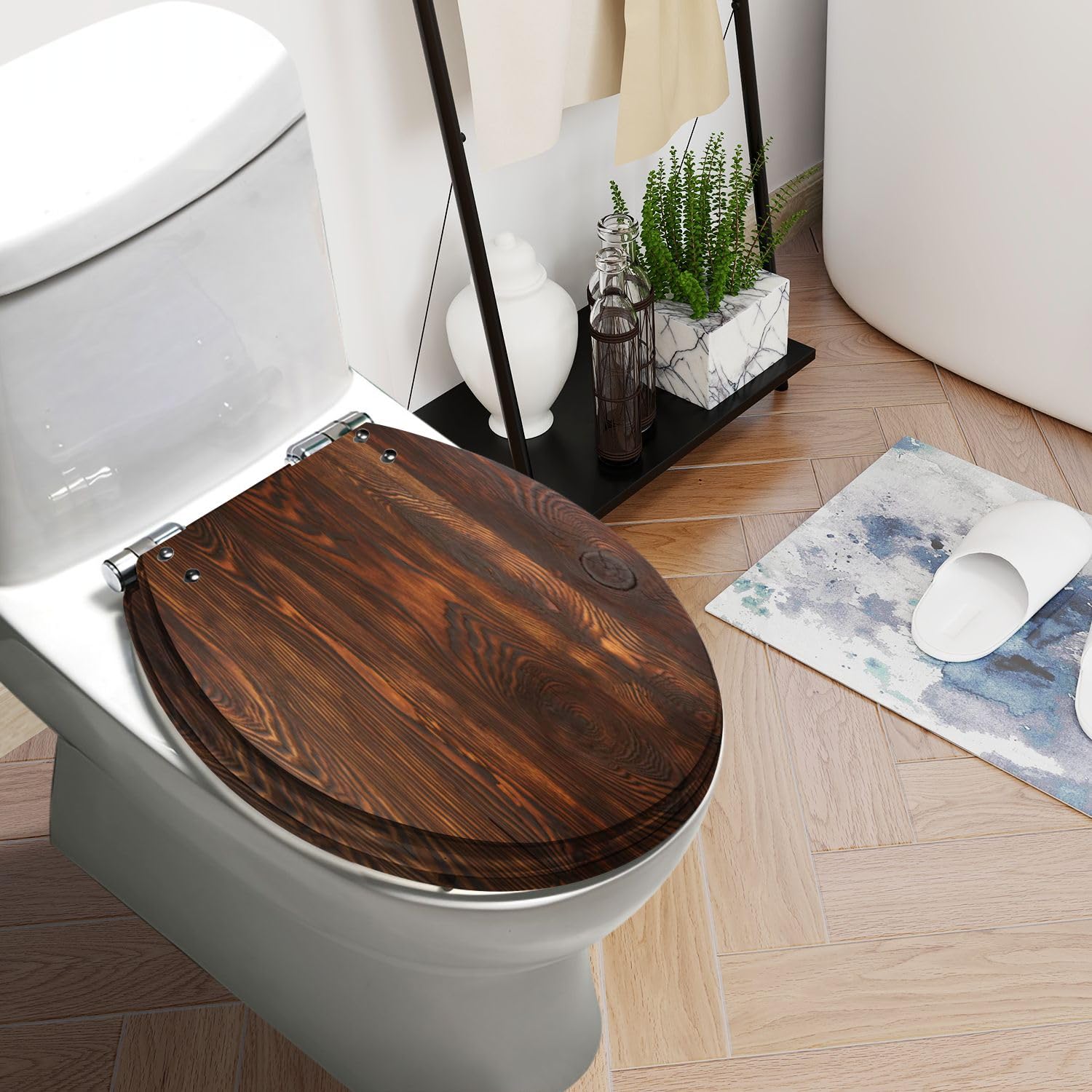 Round Toilet Seat Burnt brushed larch tree wood texture knot Resin Toilet Seat Quietly Slow Close with Quick-Release Hinges Toilet Seat with Cover Easy to Clean Install