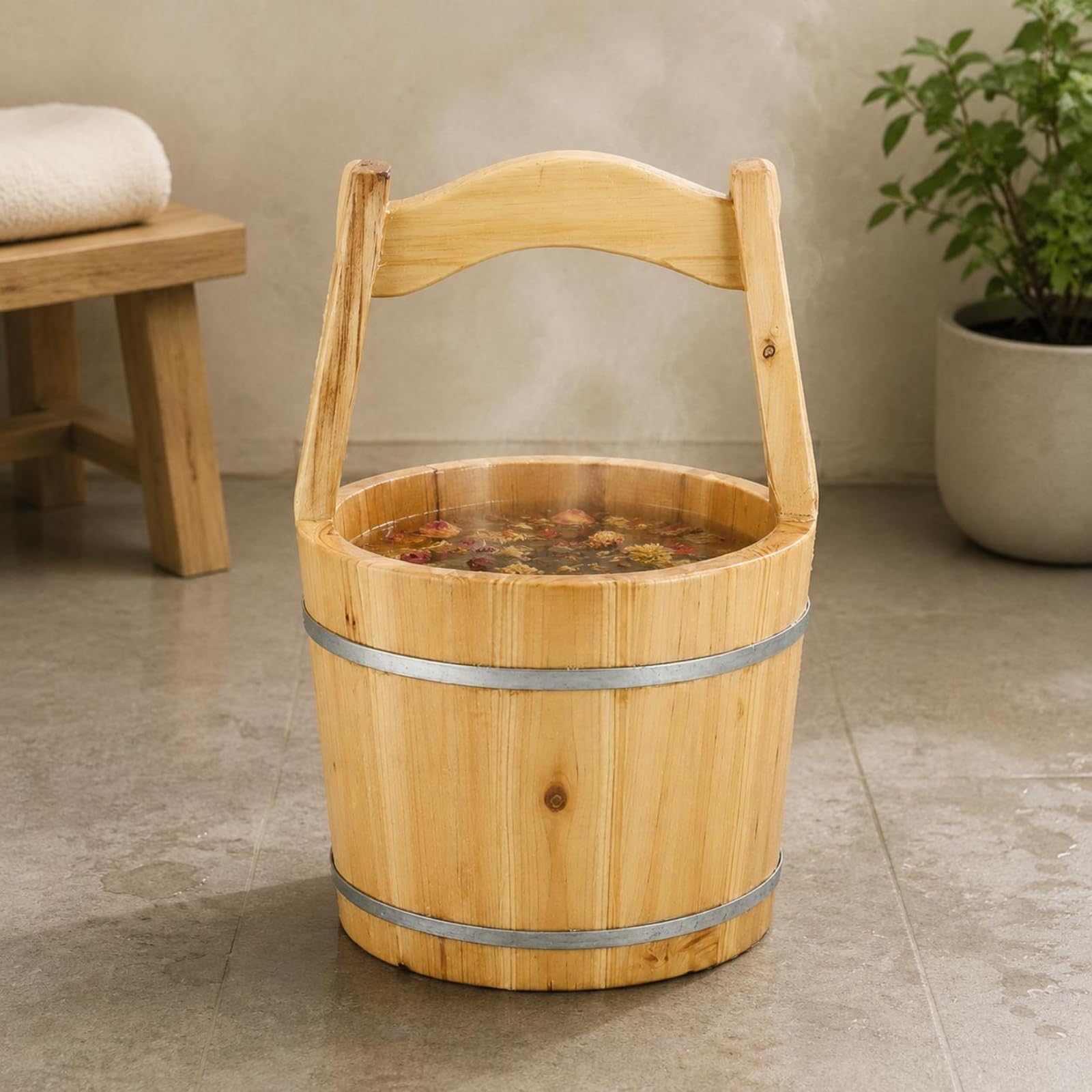 Generic Vasca da Bagno per Piedi in Legno Secchio da Sauna Contenitore da Acqua Manico Solido Materiale Legno di Abete Robusto Adatta per Sauna Casa Relax Benessere, Extra Grande Capacità 42 Libbre
