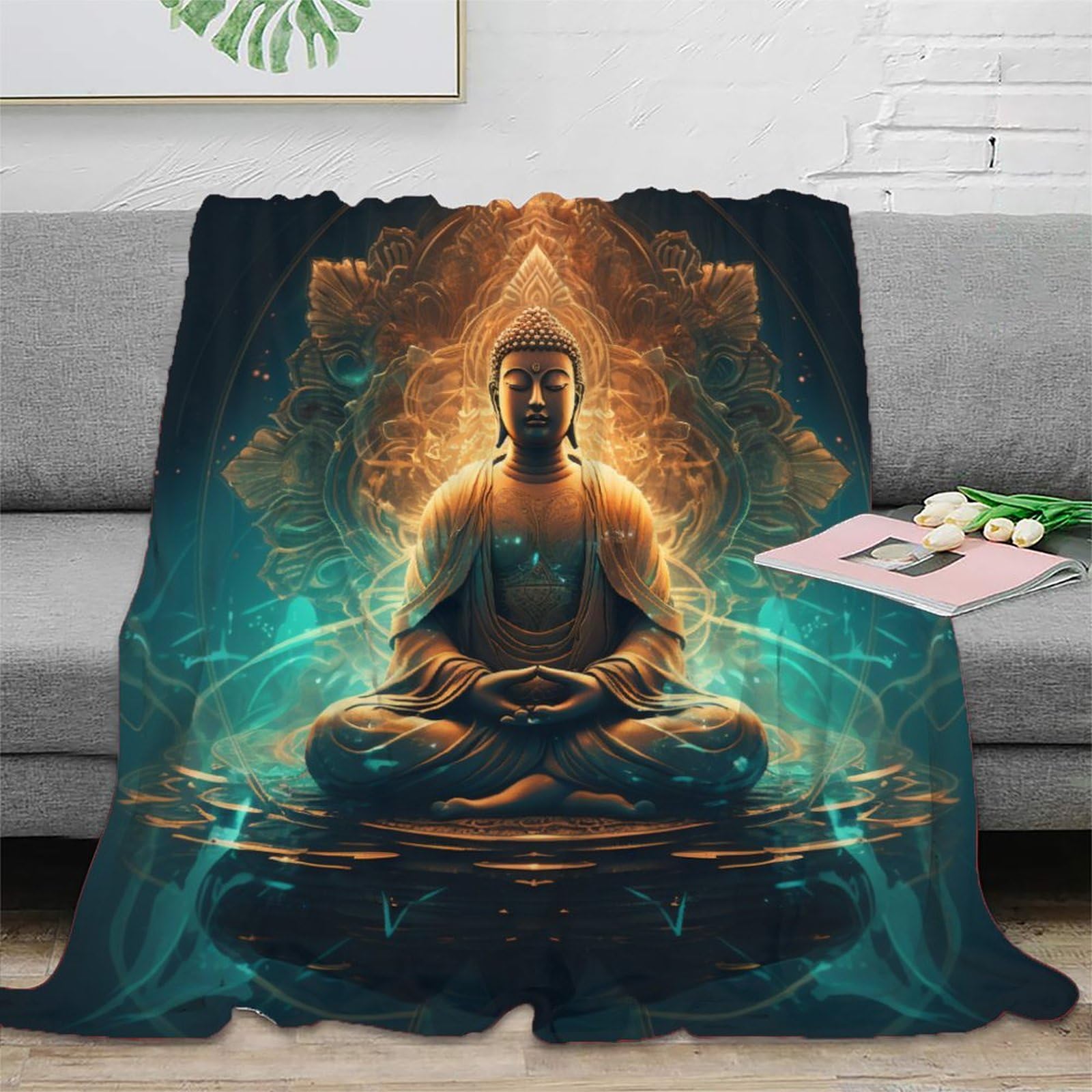 Buddha Statue Print Blanket for Sofa Couch Bed Fleece Throw Blanket Decorative Buddha Theme Sherpa Blanket Buddha Pattern Plush Fuzzy Blanket 40x50inch(100x130cm)