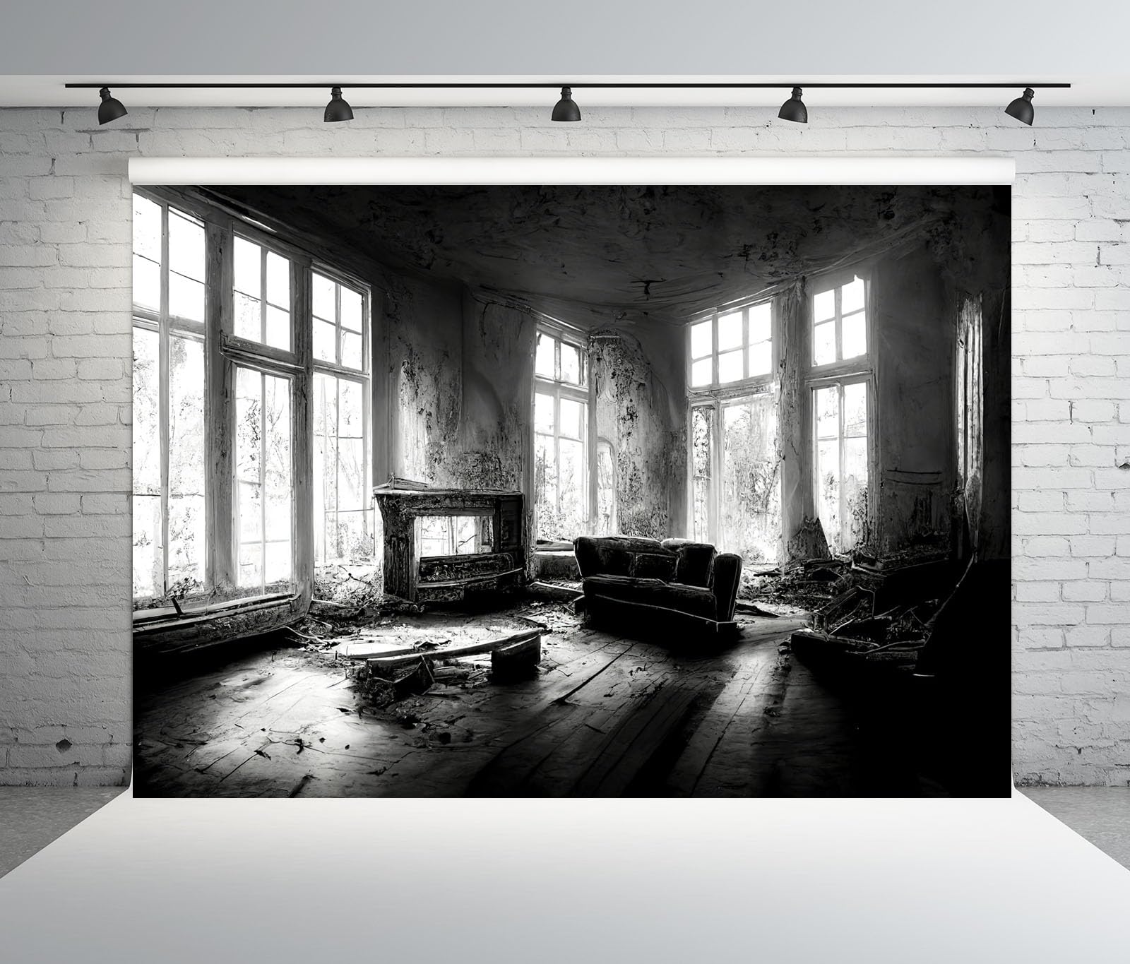 10x6.5FT (3x2m) Salotto Abbandonato In Bianco E Nero Sfondo Fotografico