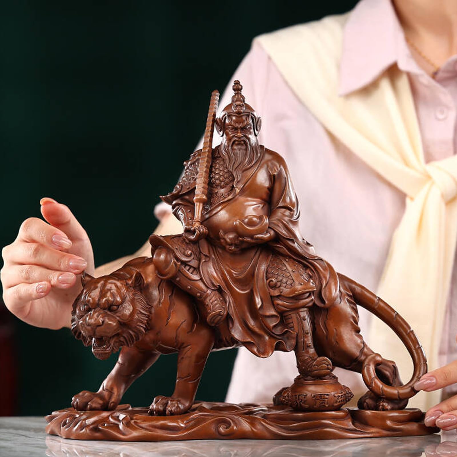 Fioletowy brązowy posąg bojowego boga bogactwa na koniu tygrysa | Wysokiej jakości rzeźba Feng Shui zapewniająca dobrobyt, ręcznie wykonana dekoracja z czerwonej miedzi do domowego biura