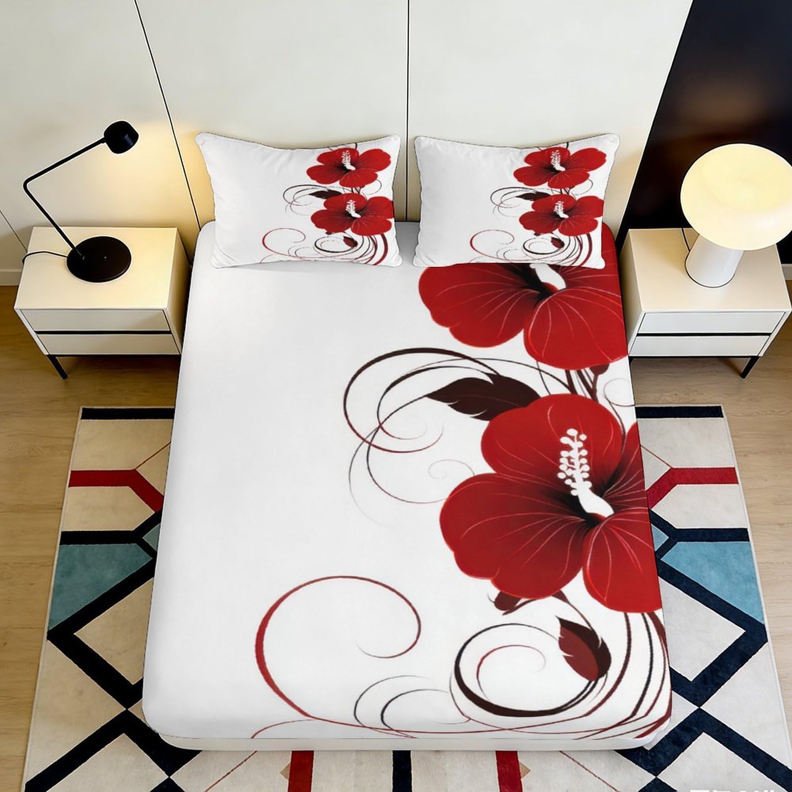 3D Printed Red Hibiscus Fitted Sheet Microfiber Soft Flower Mattress Cover Bedroom Decor Machine Washable 90x200x25cm
