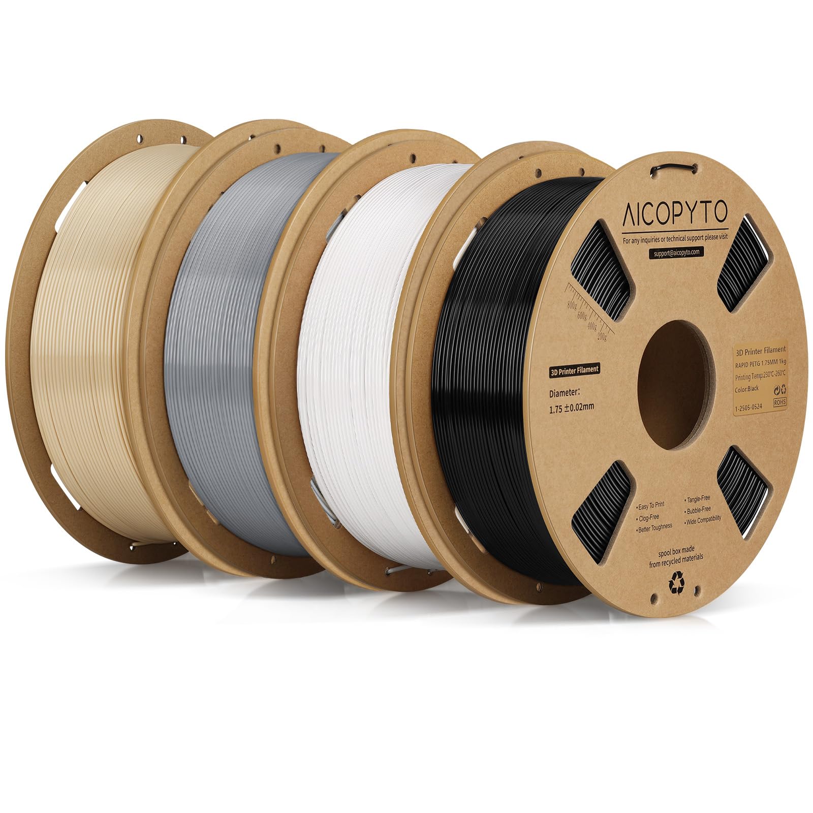 PETG Filament Bundle 4KG, High Speed 30-600mm/s Filament Rapid PETG 1.75mm Dimensional Accuracy +/- 0.02mm, 1kg Cardboard Spool(2.2lbs) Fits for Most FFF 3D Printers, Black+White+Grey+Beige