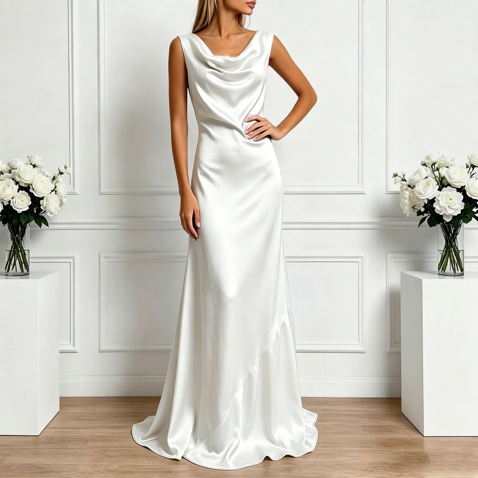 Robe de Cérémonie Femme Longue Satin Col V Robe Cocktail Taille Haute Ajustee Fendue Dos DX Confortable Gala Fete Anniversaire Demoiselle d Honneur