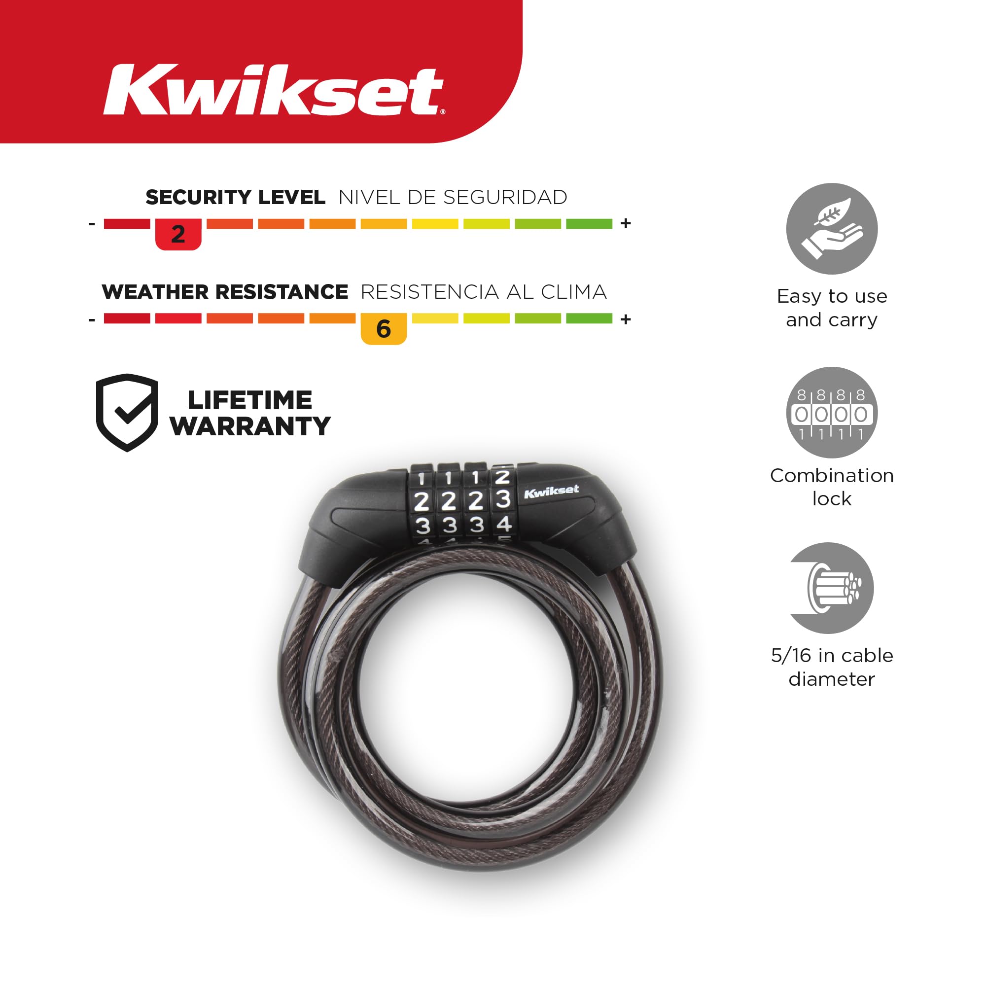 Kwikset 4 ft Combination Bicycle Cable Lock, 4-Digit, 5/16 in Diameter, Bike and Outdoor Security, 1 Pack, Silver - 2