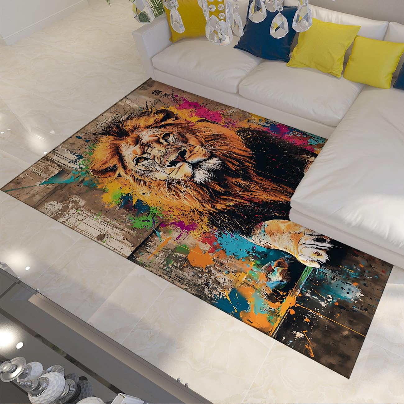 Tapis lion graffiti 120x150cm antidérapant et lavable pour décoration chambre ou salon