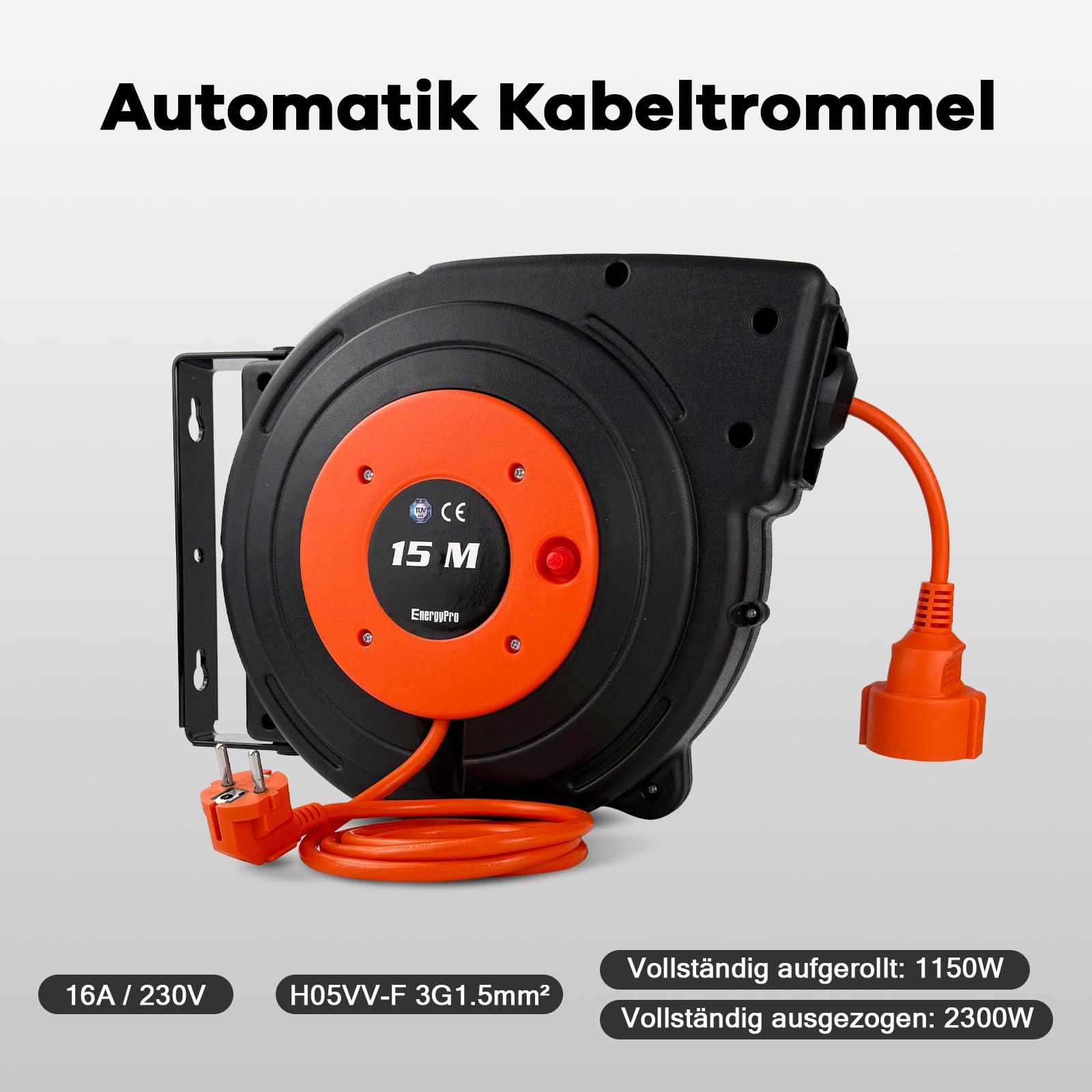 EnergyPro Carrete de cable automático de 15 m, 2300 W, montaje en pared, con certificado TÜV y kit de montaje, carrete de cable exterior para jardín, taller y garaje