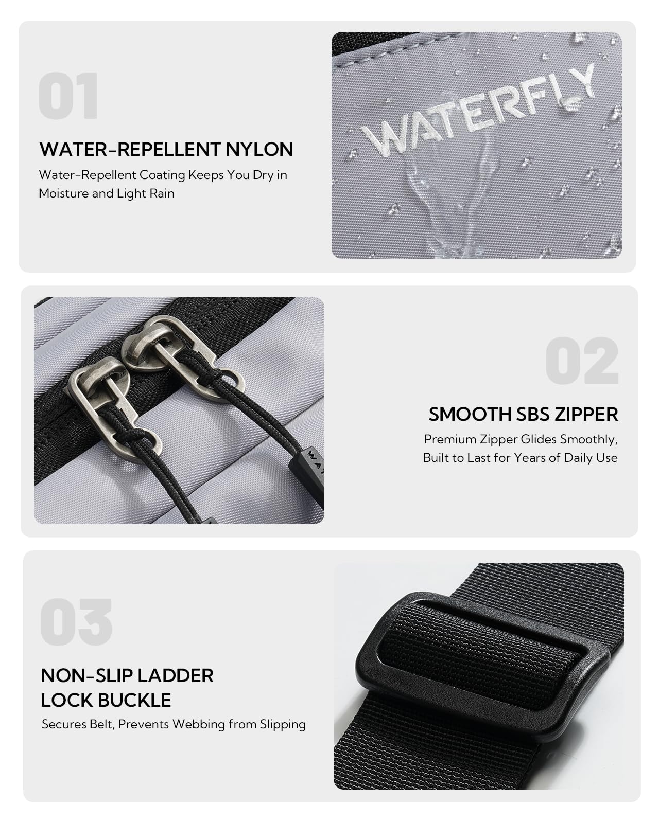 WATERFLY Riñonera para hombre y mujer: riñonera grande con protección RFID con correa de extensión, elegante bolsa deportiva para viajes, senderismo y exteriores, gris, Riñonera grande