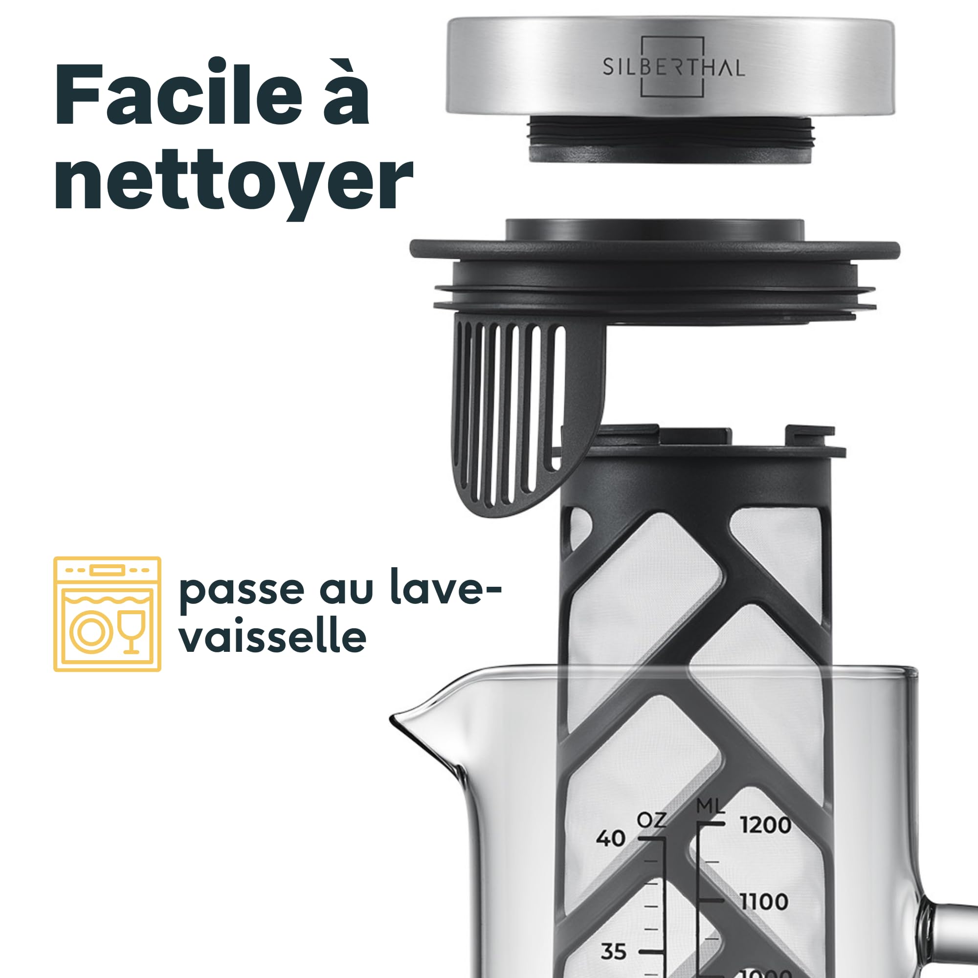 SILBERTHAL Cafetière Manuelle avec Infuseur 1,2 litres - pour Café froid ou Cold Brew Coffee - Avec le nouveau filtre plus robuste 2.0 - Eau Infusée, Cafe Infusé A Froid et Thé Glacés