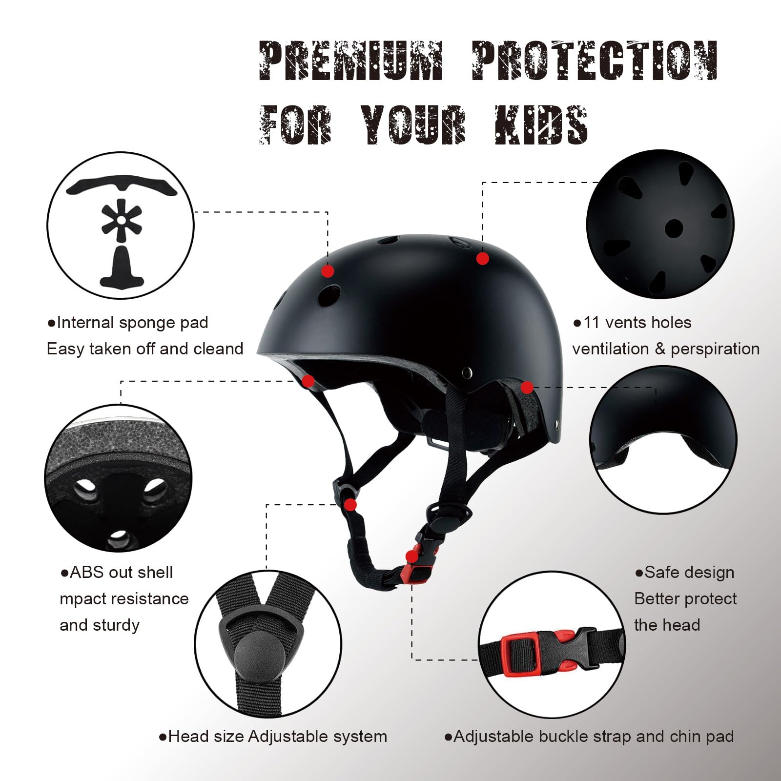 Casque de vélo pour enfants, certifié CPSC et ASTM, équipement de protection EPS réglable, 5 couleurs, multi-sport pour garçons et filles, 11 aérations, sac de sport avec cordon de serrage