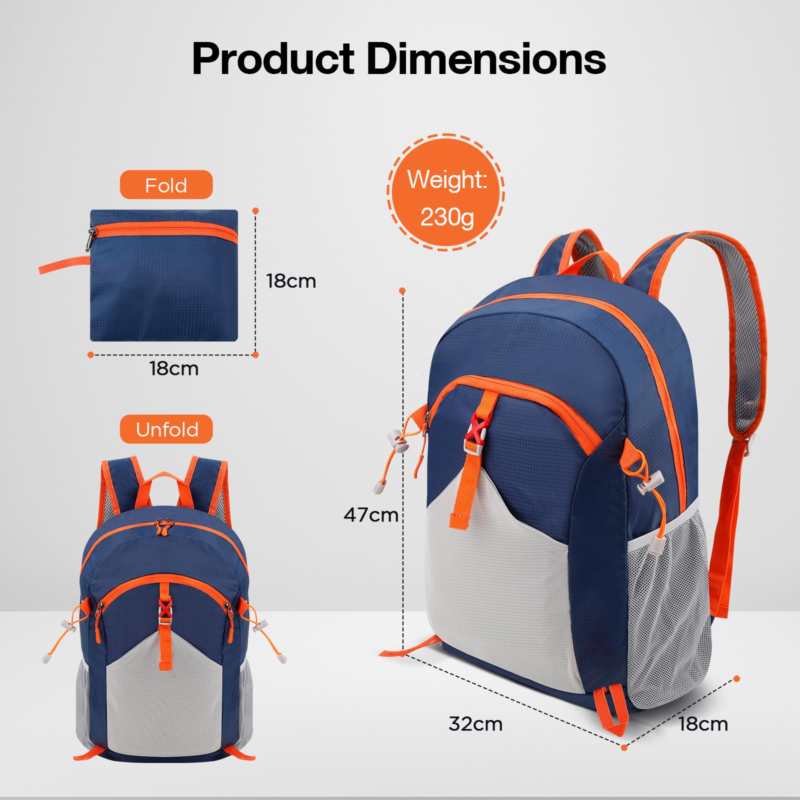 Cozary Zaino Pieghevole Ultraleggero 28L, Zaino da Trekking Uomo Donna, Leggero e Impermeabile, ideale per Viaggio, Trekking, MTB, Camping e Uso Quotidiano - Blu scuro