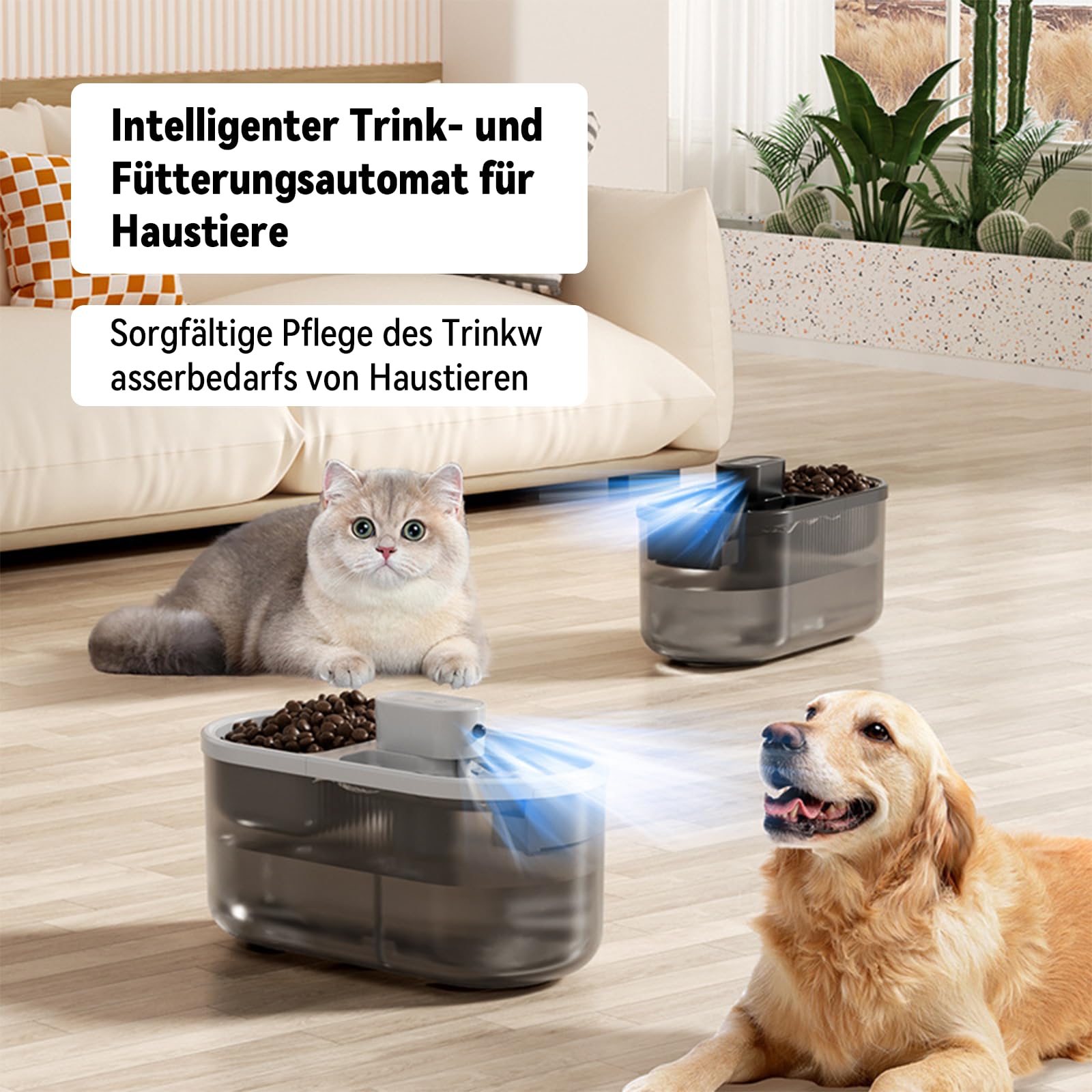 Automatischer Trinkbrunnen für Katze,Katzenbrunnen Kabellos mit Bewegungsmelder,Trink- und Fütterungsautomat für Katzen mit 4,5 Litern, Wasserspender für Katzen, Futterautomat für Haustiere