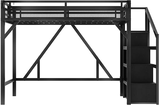 Queen Loft Bed with Convertible Storage Stairs, Shelves and Built-in Wardrobe, Metal Loft Bed Frame with USB Ports and LED for Boys, Girls, Adults, Easy Assembly, Black Woodgrain,