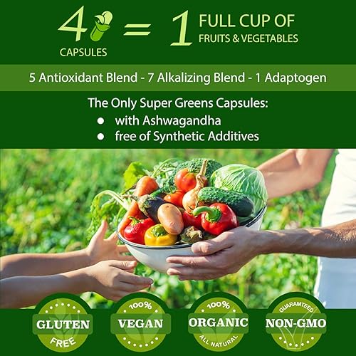 Miniatura 2 de Cápsulas orgánicas veganas súper verdes con Ashwagandha - Apoyo inmunológico con todos los nutrientes naturales de alimentos integrales clorella,
