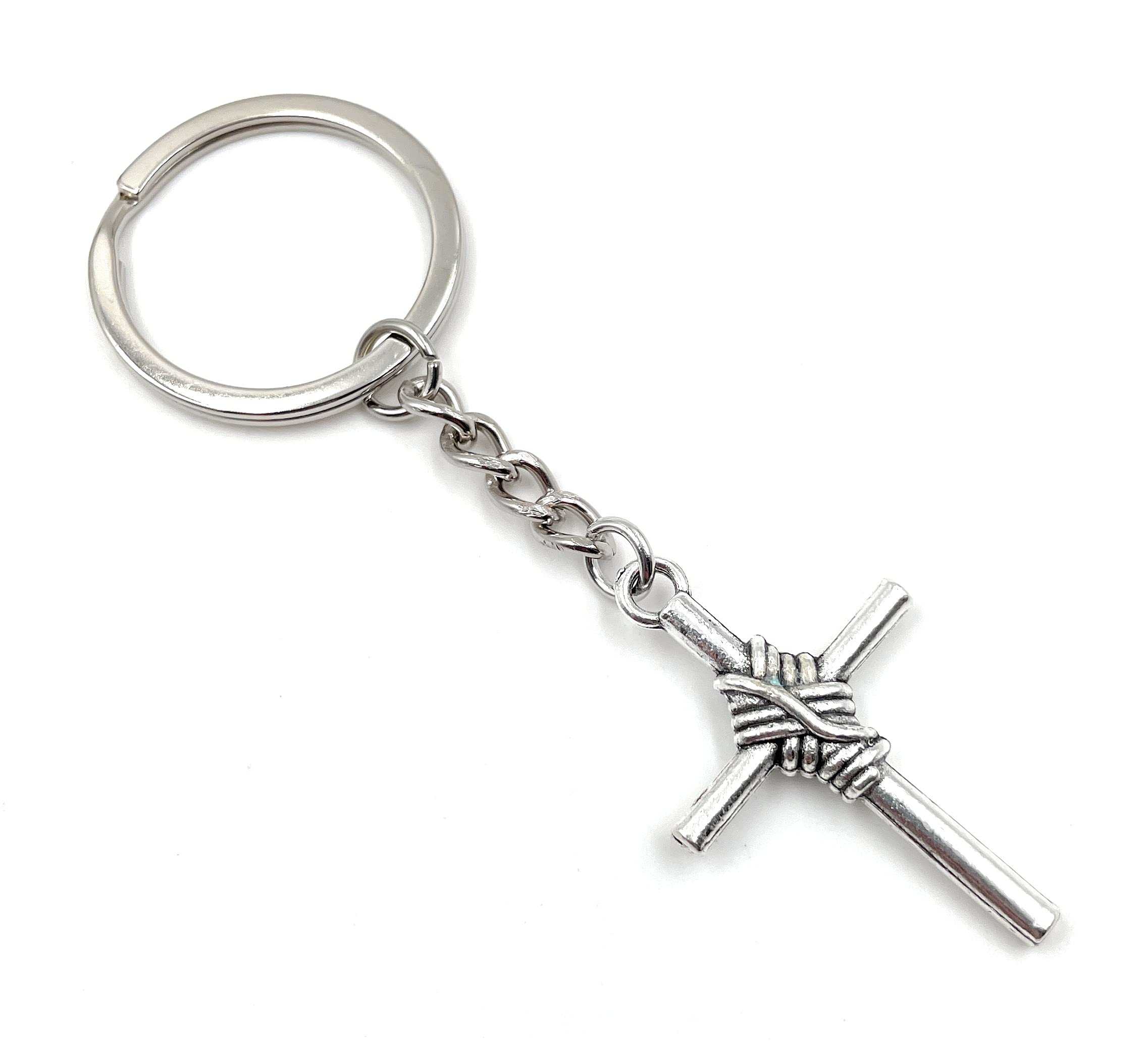 Onwomania Cross with Rope Keyring Metal Lucky Charm in Aluminium Gift Box, Ideal as a Gift, silver, One Size