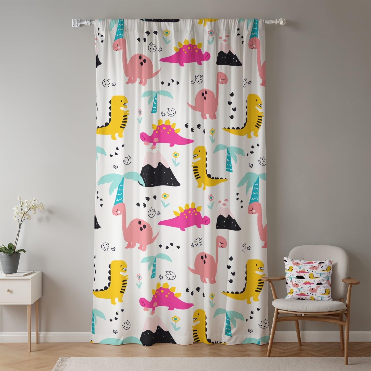 ggaimwf 42"x 63" Cartoon Dinosaur Rod Pocket Curtain for Kids Bedroom Flower Linen Look Room Dividers Light Filtering Privacy Window Drapes for Nursery Boys Girls Playroom Living Room,1-Single Panel - Image 2