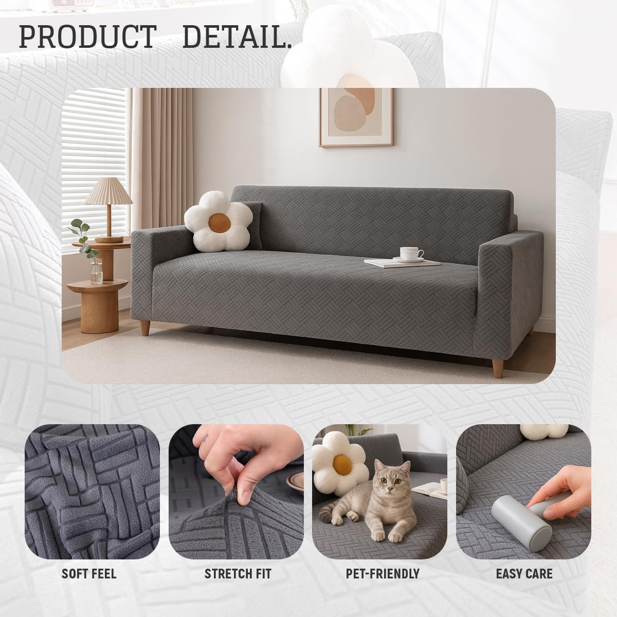 Lot de 3 housses de canapé extensibles en chenille douce et résistante à l'eau, base élastique antidérapante, tissu épais, lavable en machine, protection de meubles pour animaux domestiques
