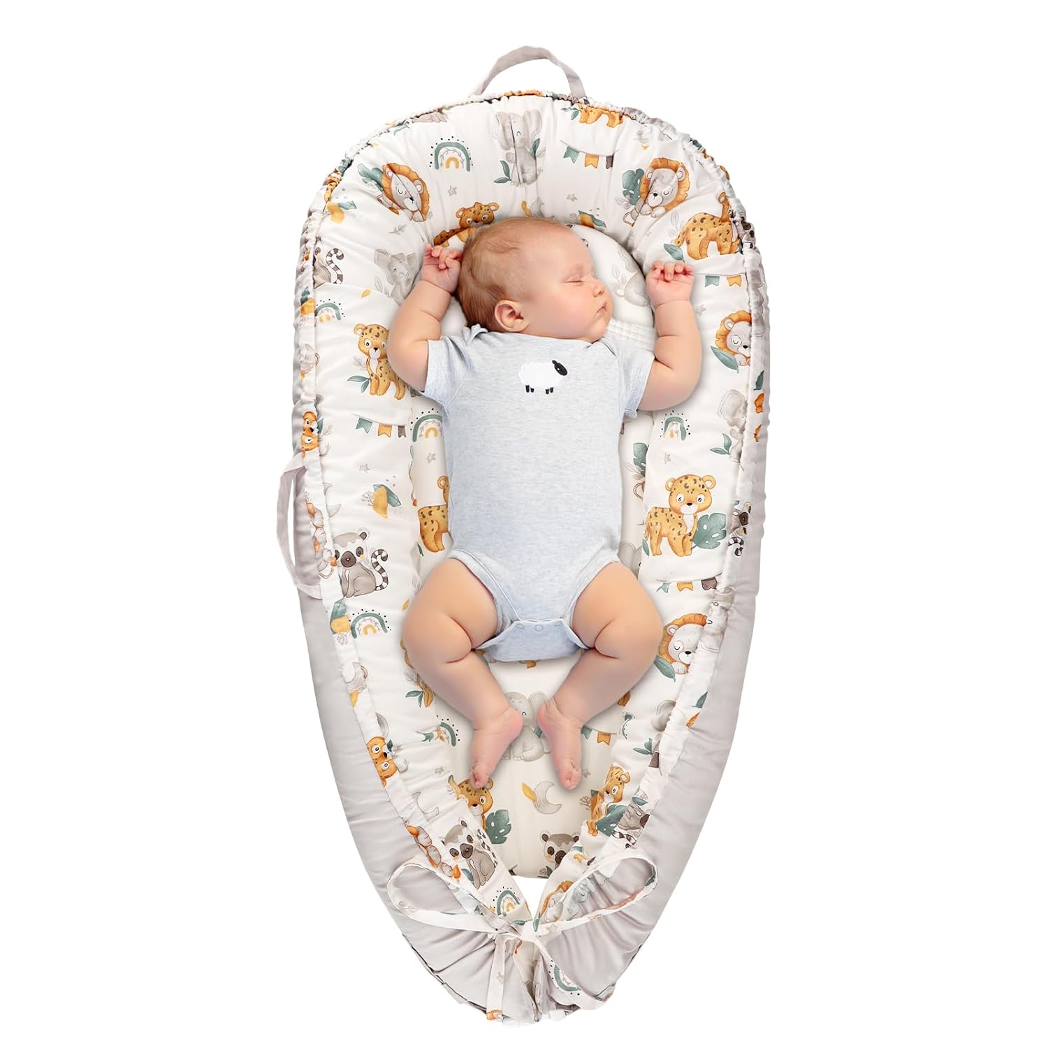 Baby Lounger Cover for Boys Girls, Reversible Baby Nest Cover, Adjustable Baby Lounger Replaceable Cover for Infant Newborn, Portable and Machine Washable, Cotton Gray Elephant Cover Only