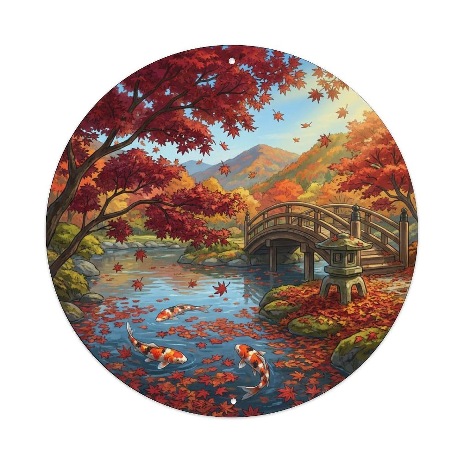 Tgrcjimh Style Metal Tin Sign Japanese Koi Fish Crimson Maple Peak Autumn 1