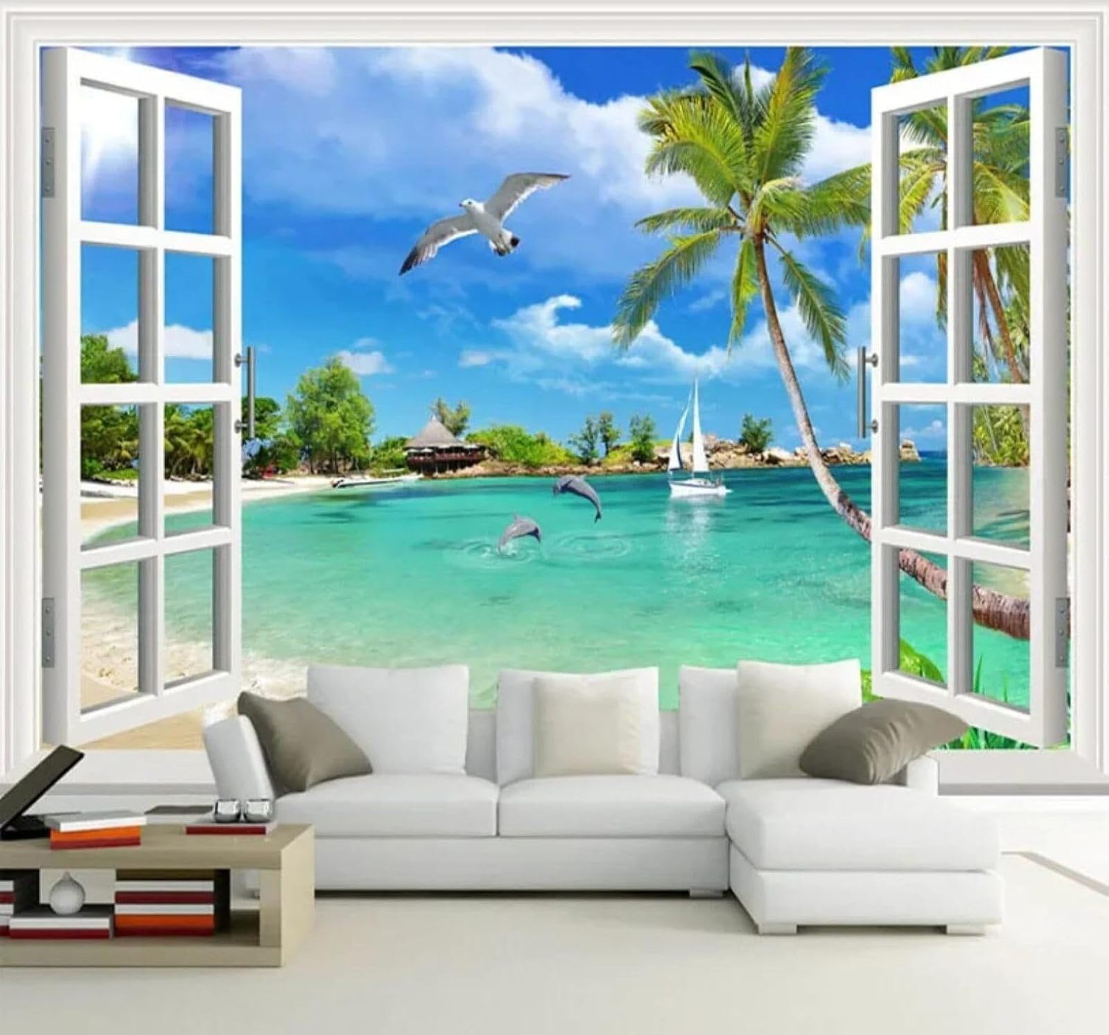 XLMING Three Dimensional Window Sea Beach Landscape 3D Wallpaper Silky Texture Home Study Office Grey Dining Room Sofa Bedroom Living Room TV Backdrop-400cm×280cm