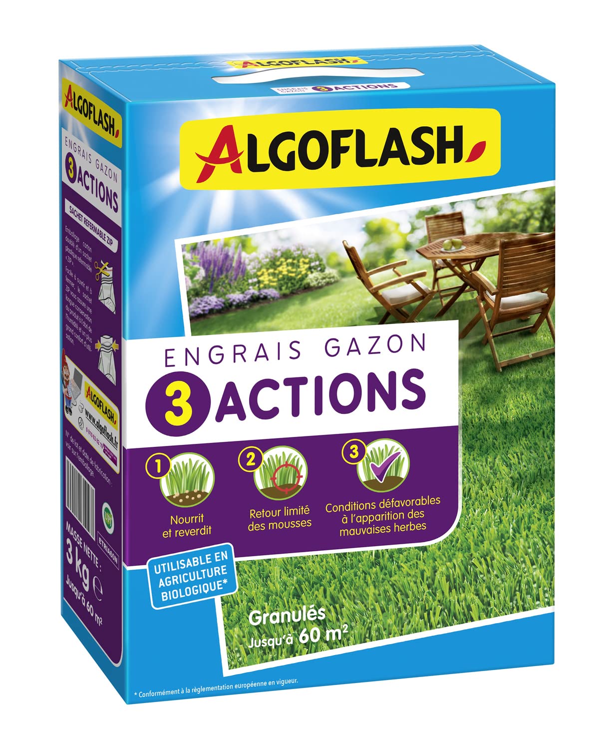 ALGOFLASH Engrais Gazon 3 Actions, Jusqu'à 60m², 3 kg, ETRIA60N
