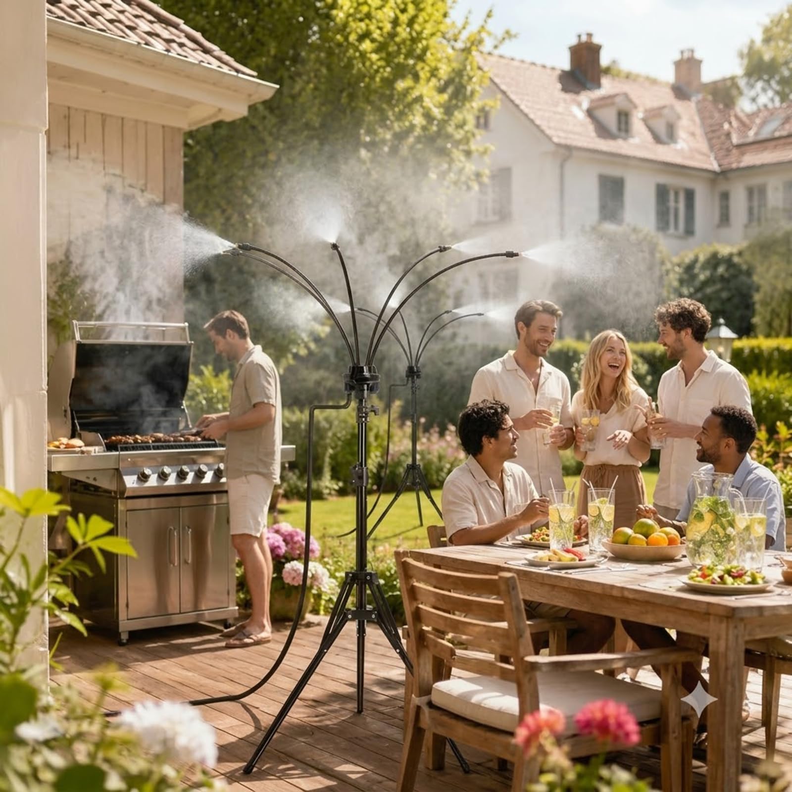 Sprühnebel Terrasse, Wassernebel Kühlung Terrasse mit 360° Drehbarem Arm - Höhenverstellbarer Tragbarer Sprühnebel Kühlung mit 8m Schlauch zum BBQ, Haustierkühlung, Pool & Hinterhof (2 Set)