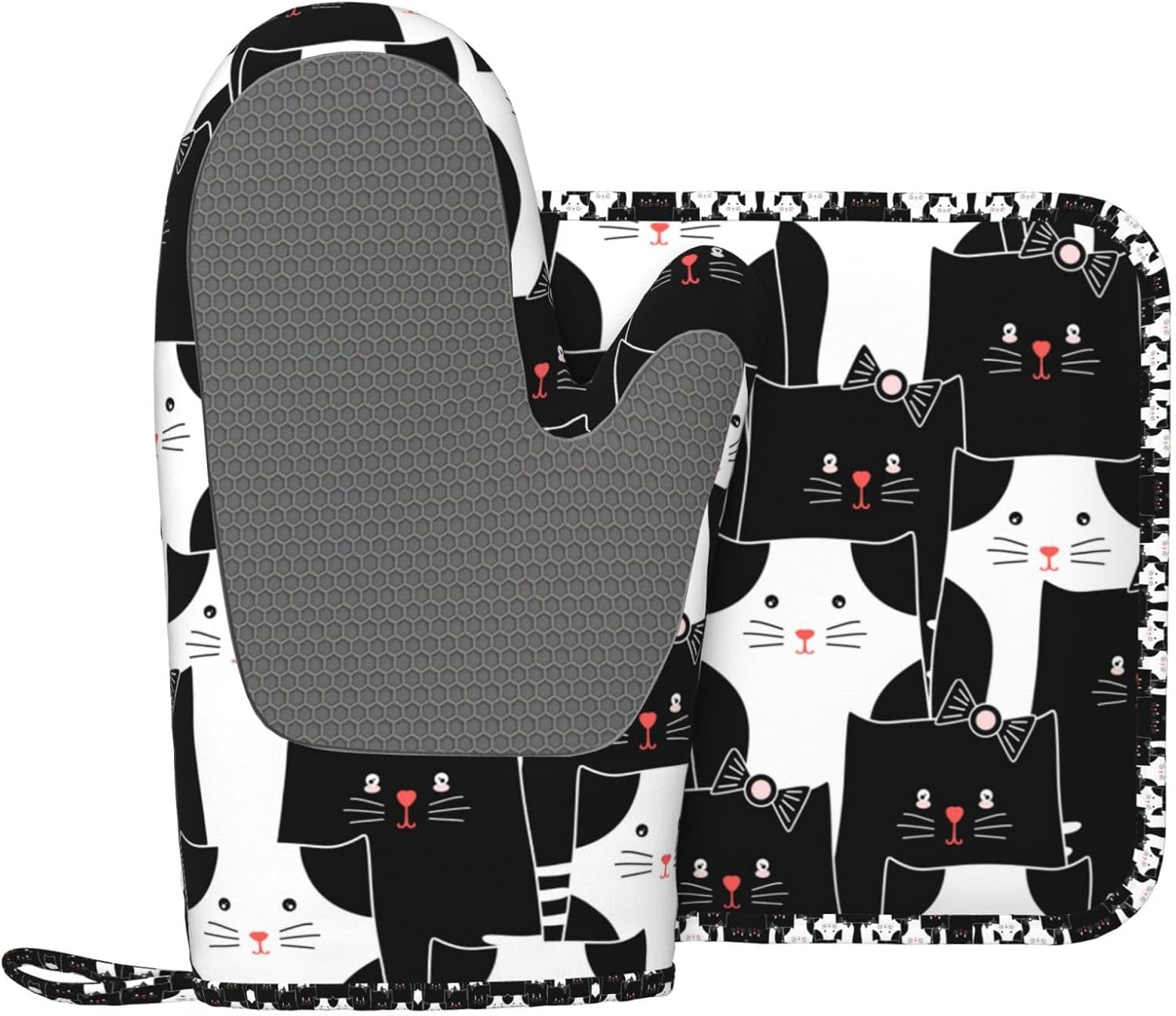 Cute Black and White Cat Oven Mitts and Pot Holders Sets, Home Silicone Heat Resistant BBQ Gloves for Kitchen Baking Cooking Grilling Microwave
